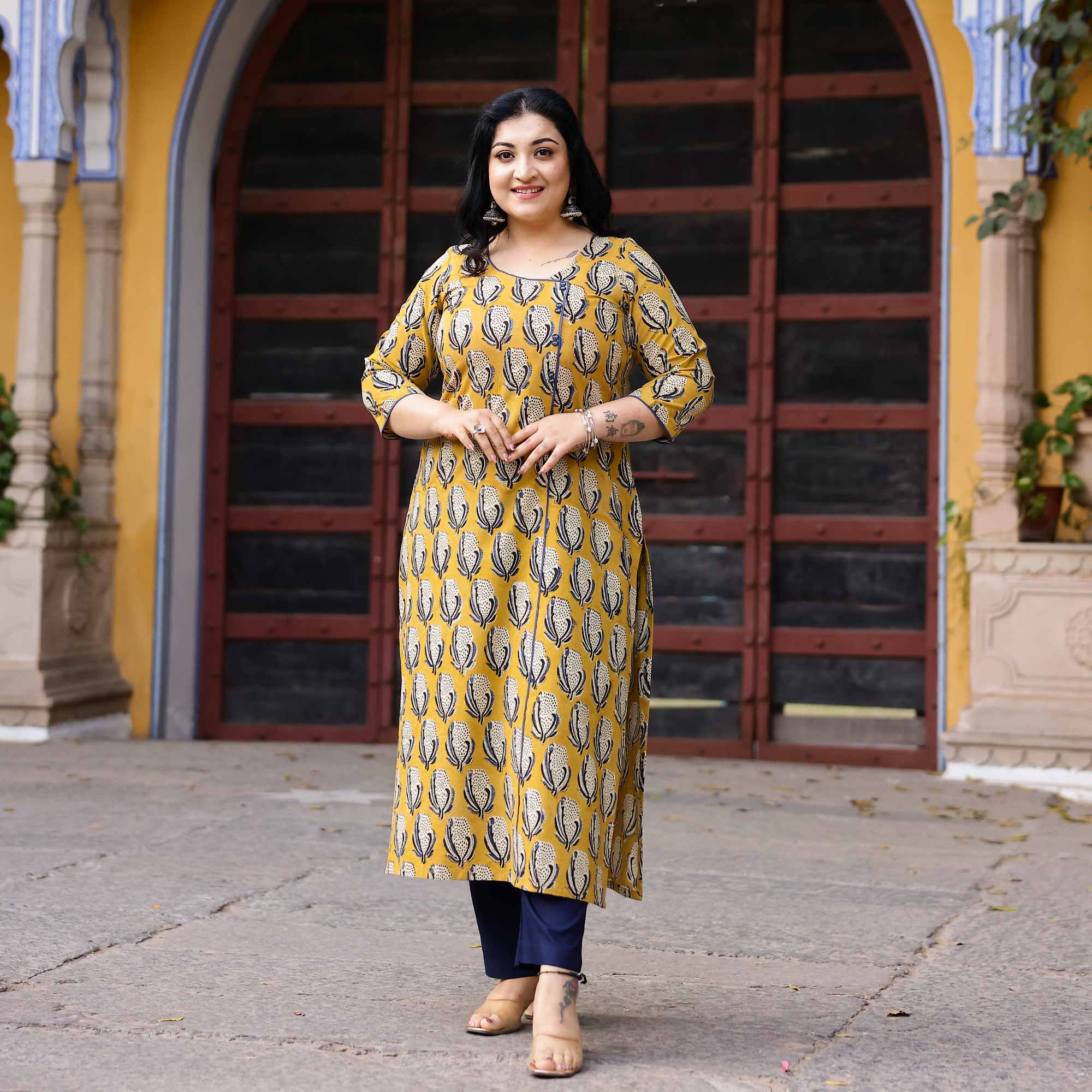 Buttercup Yellow Handblock Printed Cotton Kurta