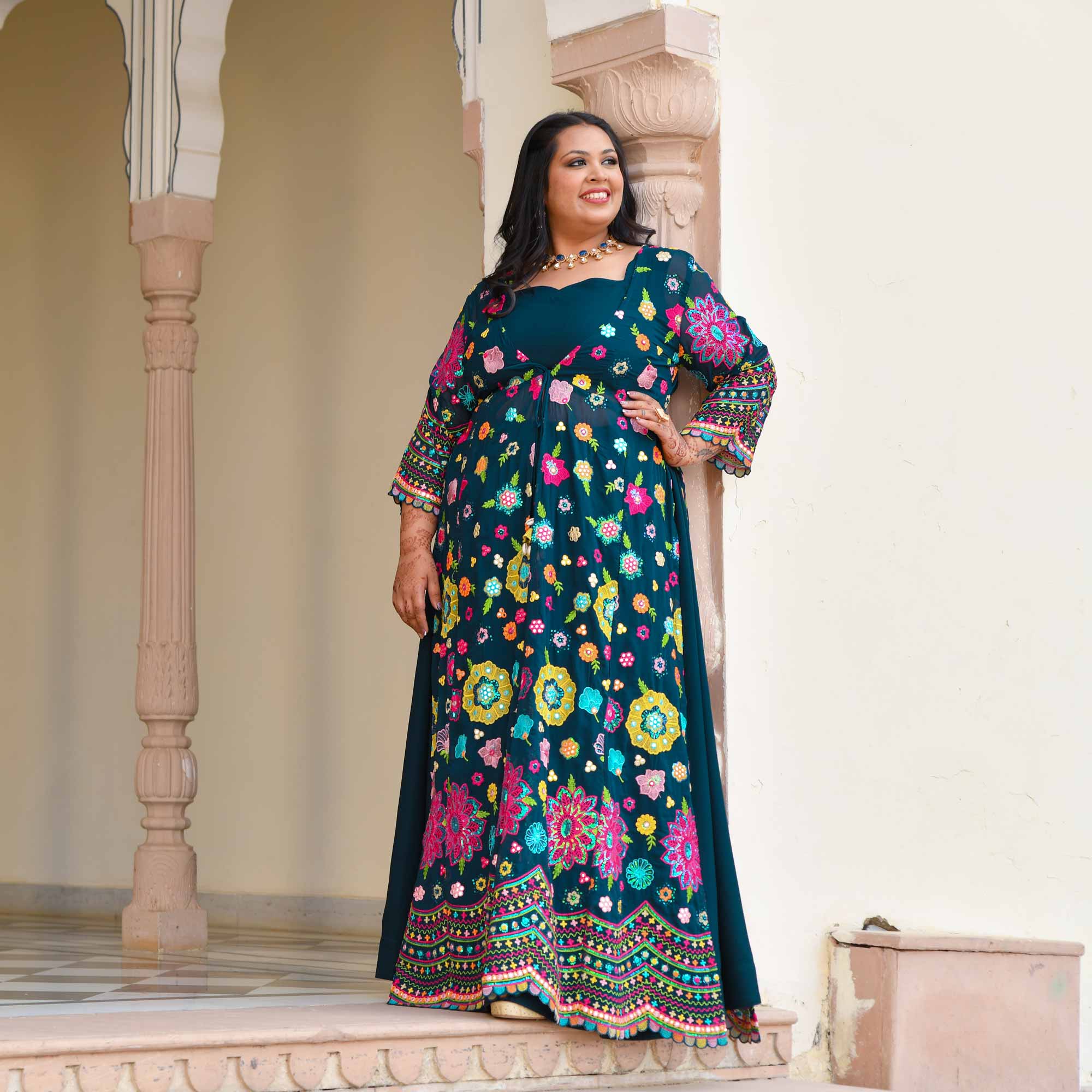 Prussian Blue Floral Embroidered Georgette Cape Set