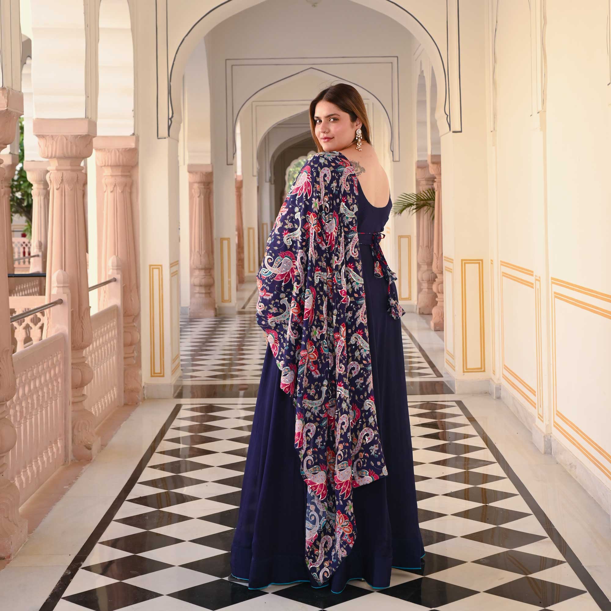 Highness Blue Position Printed Dress with Belt Drape Highness Blue Position Printed Dress with Belt Drape