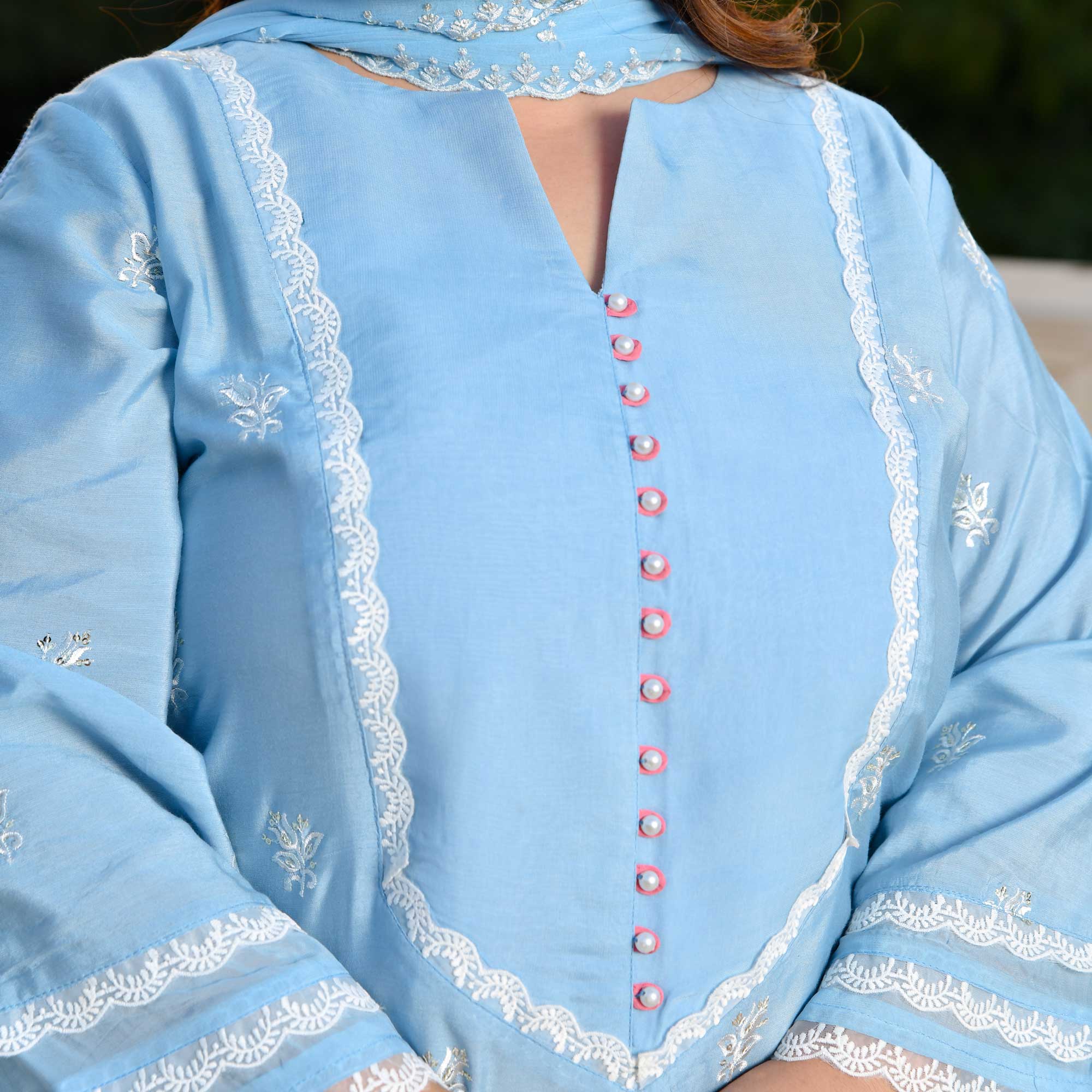 Casper Blue Thread Embroidered Muslin Suit Set Casper Blue Thread Embroidered Muslin Suit Set