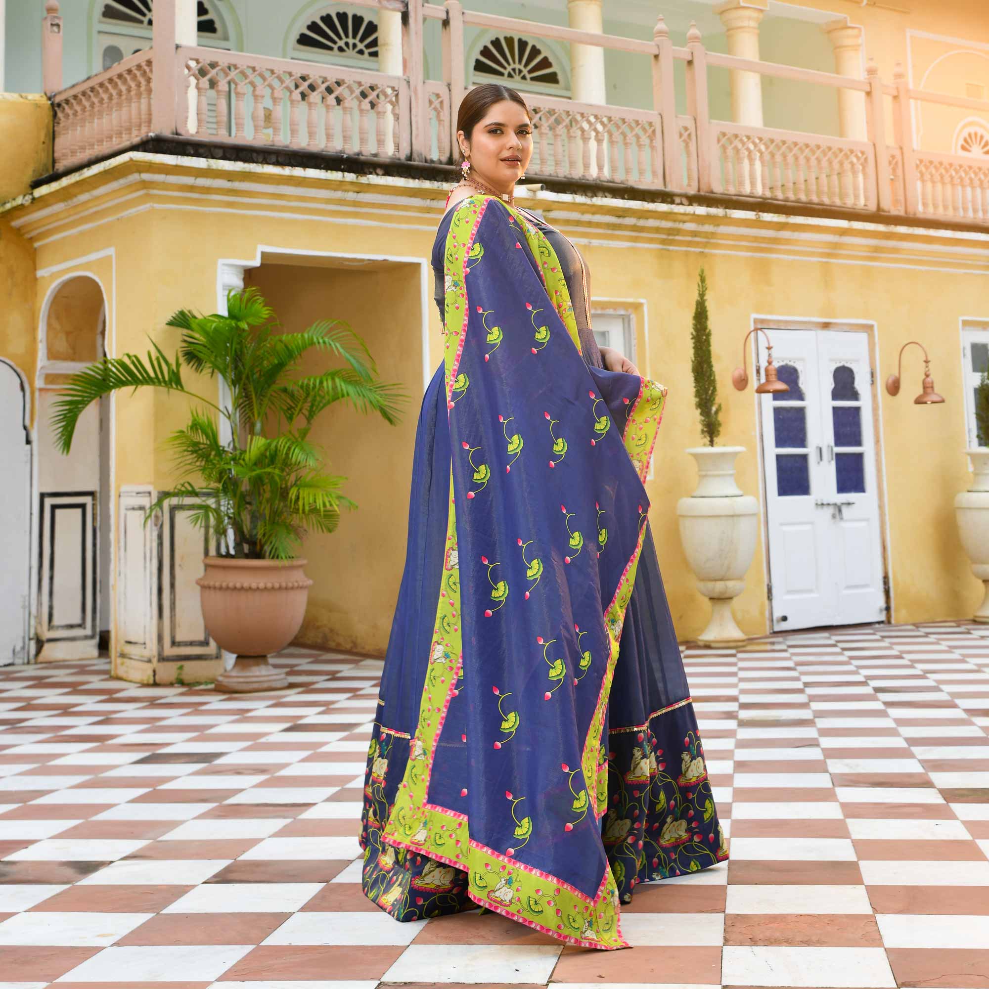 Neel Aabha- Blue Tissue Silk Pichwai Printed Anarkali Set Neel Aabha- Blue Tissue Silk Pichwai Printed Anarkali Set