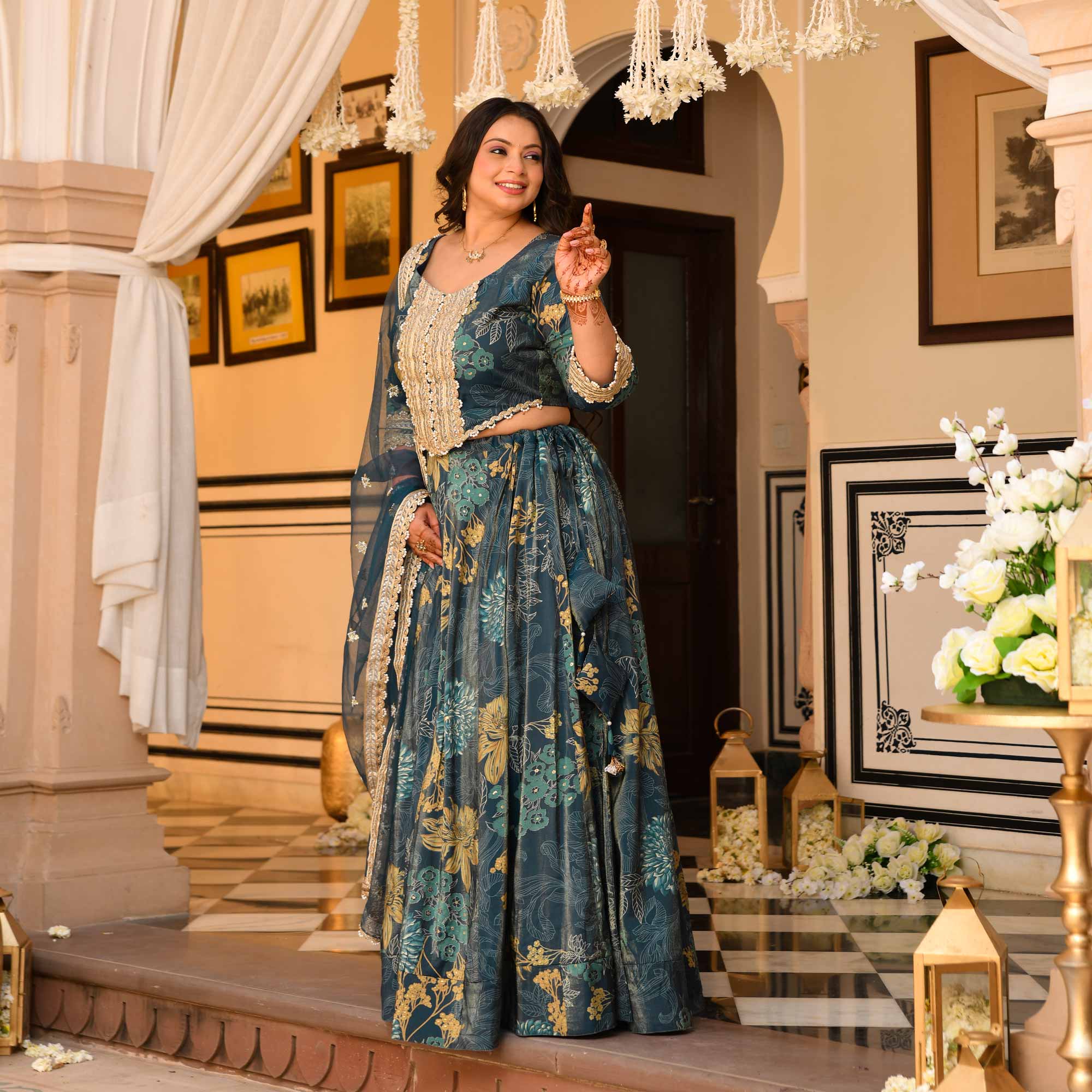 Lavish Lagoon Floral Tissue Silk Embroidered Lehenga Set Lavish Lagoon Floral Tissue Silk Embroidered Lehenga Set