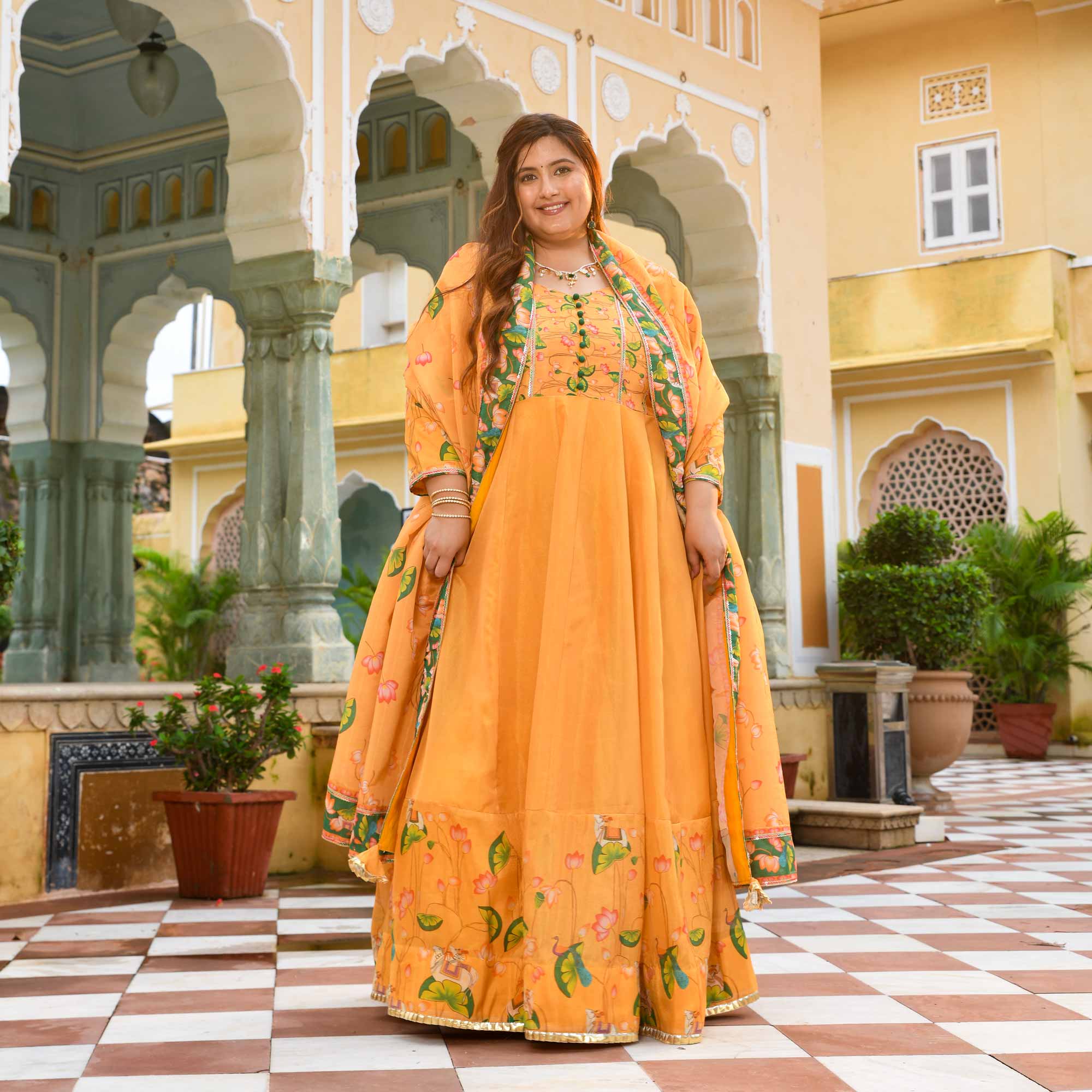 Zafrani-Mustard Yellow Tissue Silk Pichwai Printed Anarkali Set Zafrani-Mustard Yellow Tissue Silk Pichwai Printed Anarkali Set