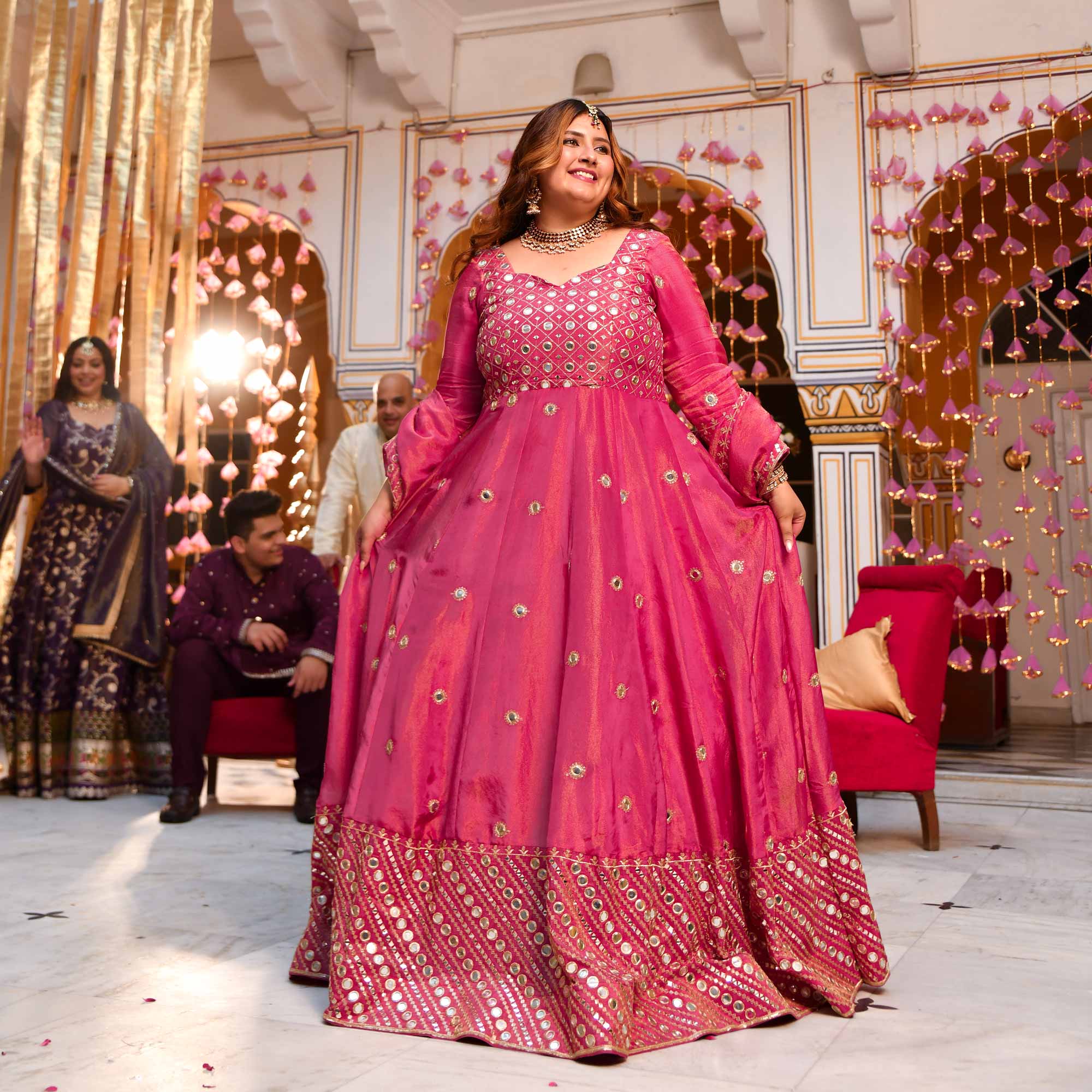 Dazzling Peony -Deep Pink Pure Tissue Silk Embroidered Anarkali Set Dazzling Peony -Deep Pink Pure Tissue Silk Embroidered Anarkali Set
