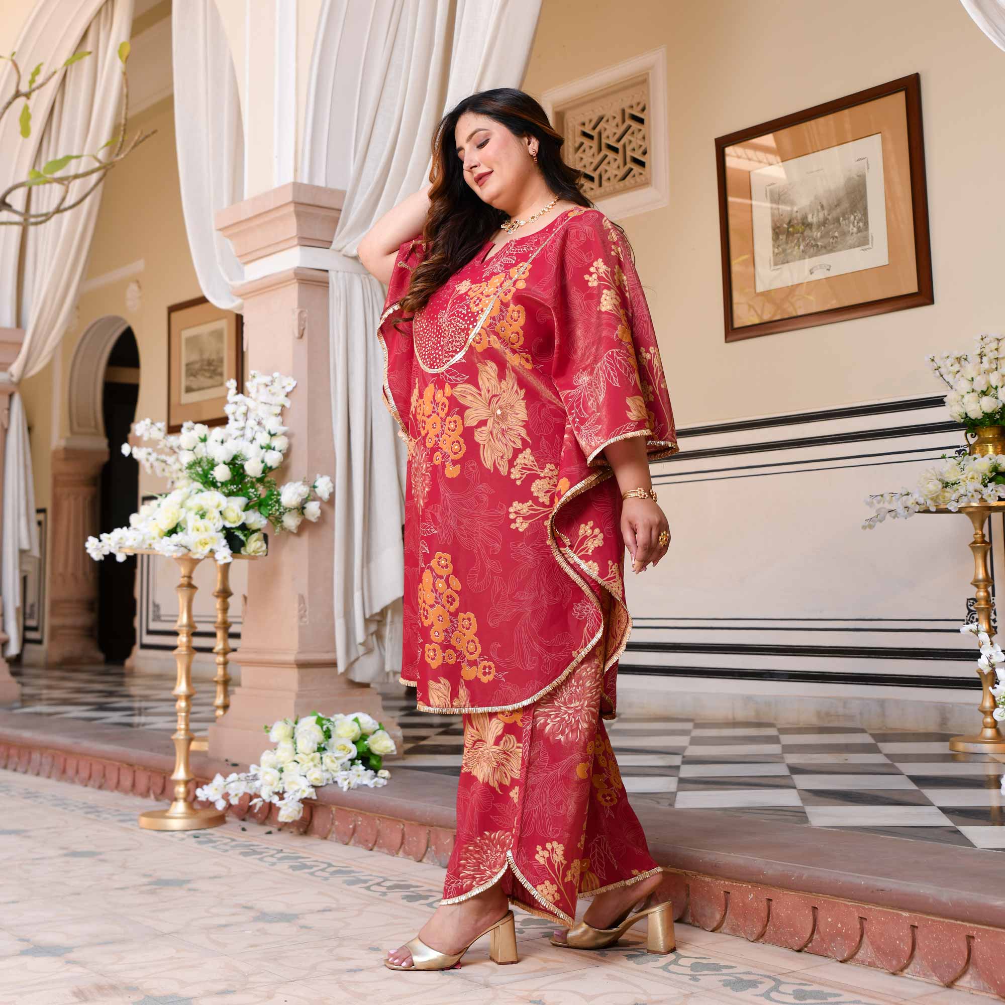 Timeless Tulips Floral Muslin Hand Embroidered Kaftan Co-ord Set Timeless Tulips Floral Muslin Hand Embroidered Kaftan Co-ord Set