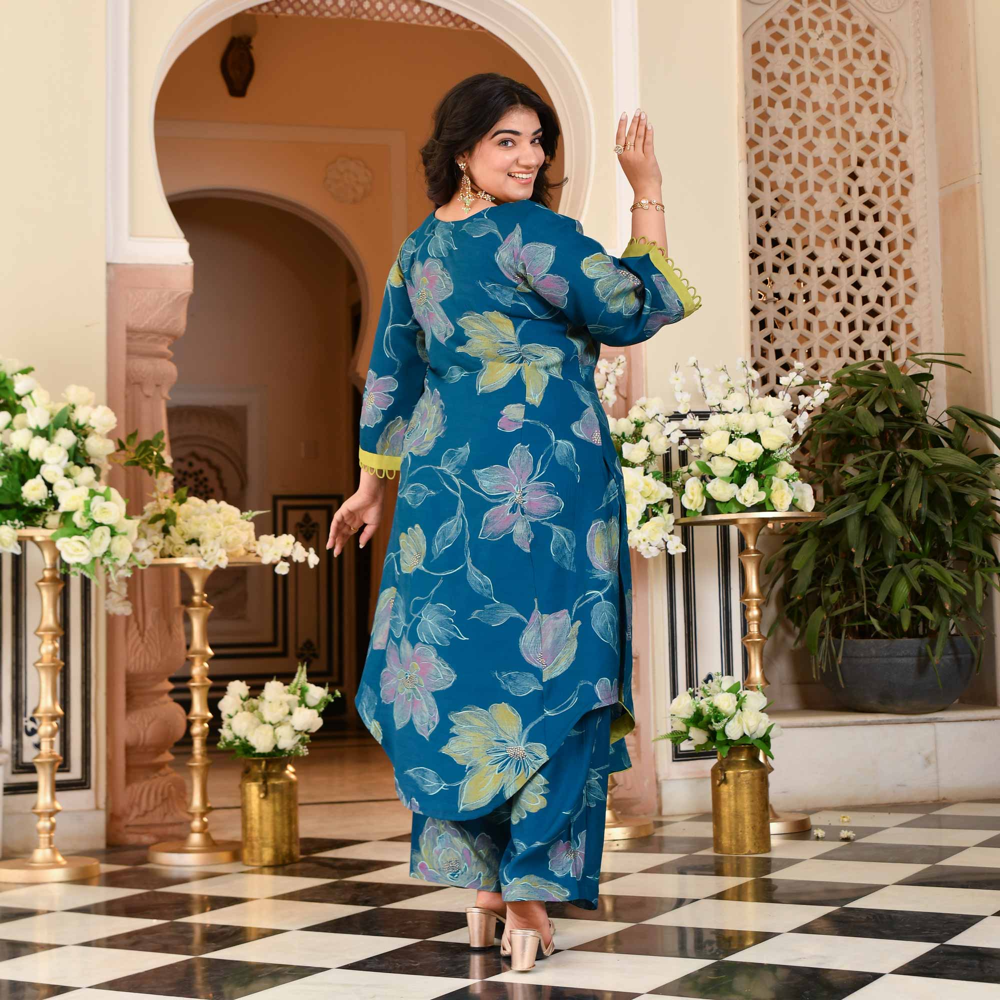 Charming Teal Floral Modal Viscose Aline Kurta Pant Set