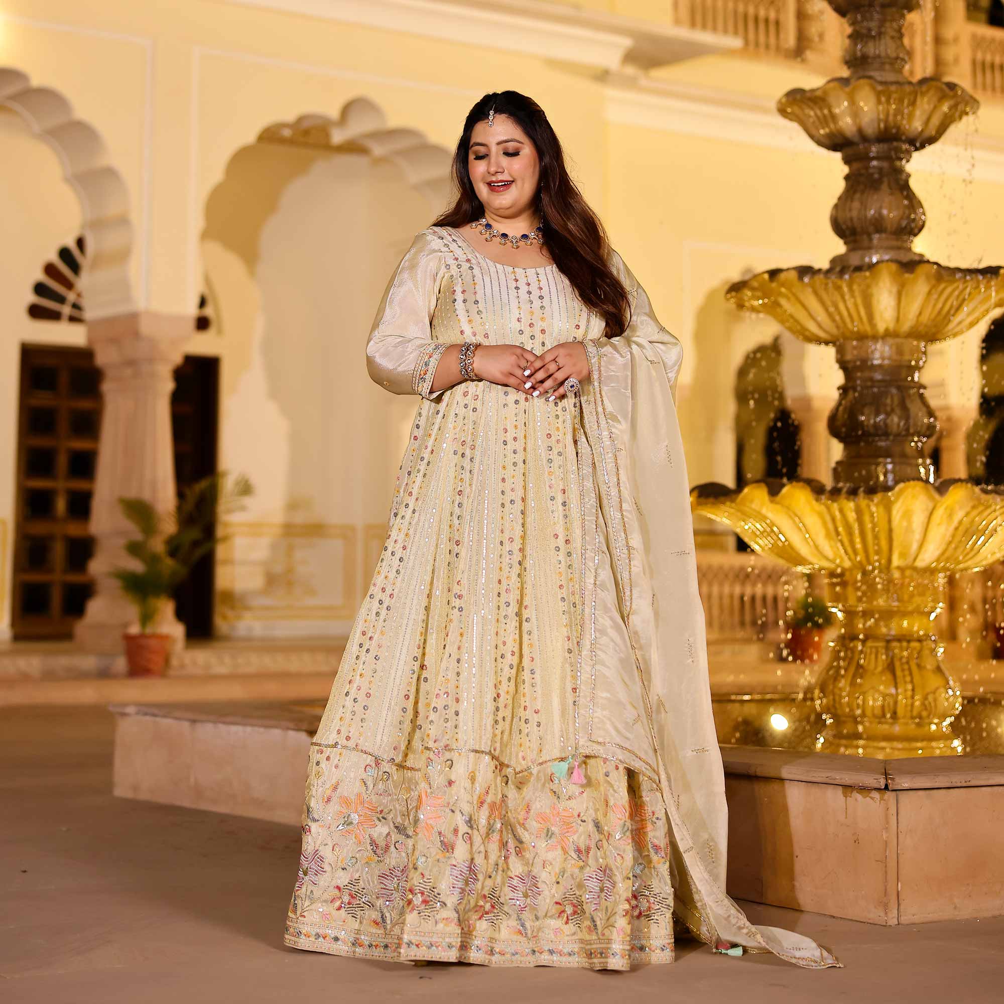 RAGINI Off-White & Gold Sequin Embroidered Pure Tissue Silk Anarkali Set RAGINI Off-White & Gold Sequin Embroidered Pure Tissue Silk Anarkali Set
