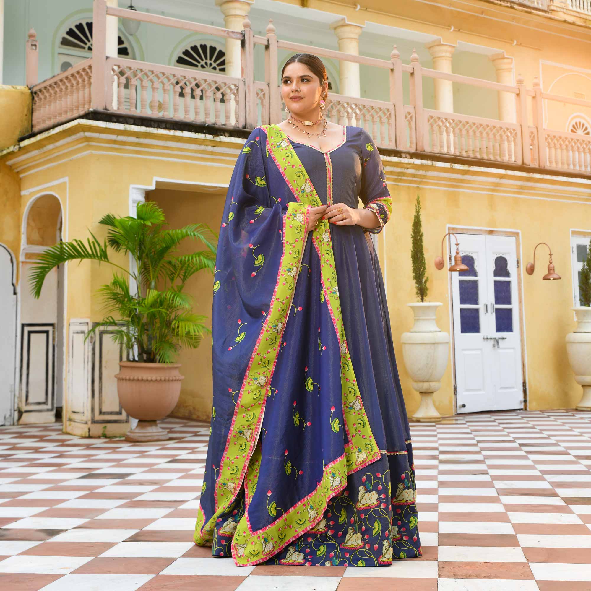 Neel Aabha- Blue Tissue Silk Pichwai Printed Anarkali Set Neel Aabha- Blue Tissue Silk Pichwai Printed Anarkali Set