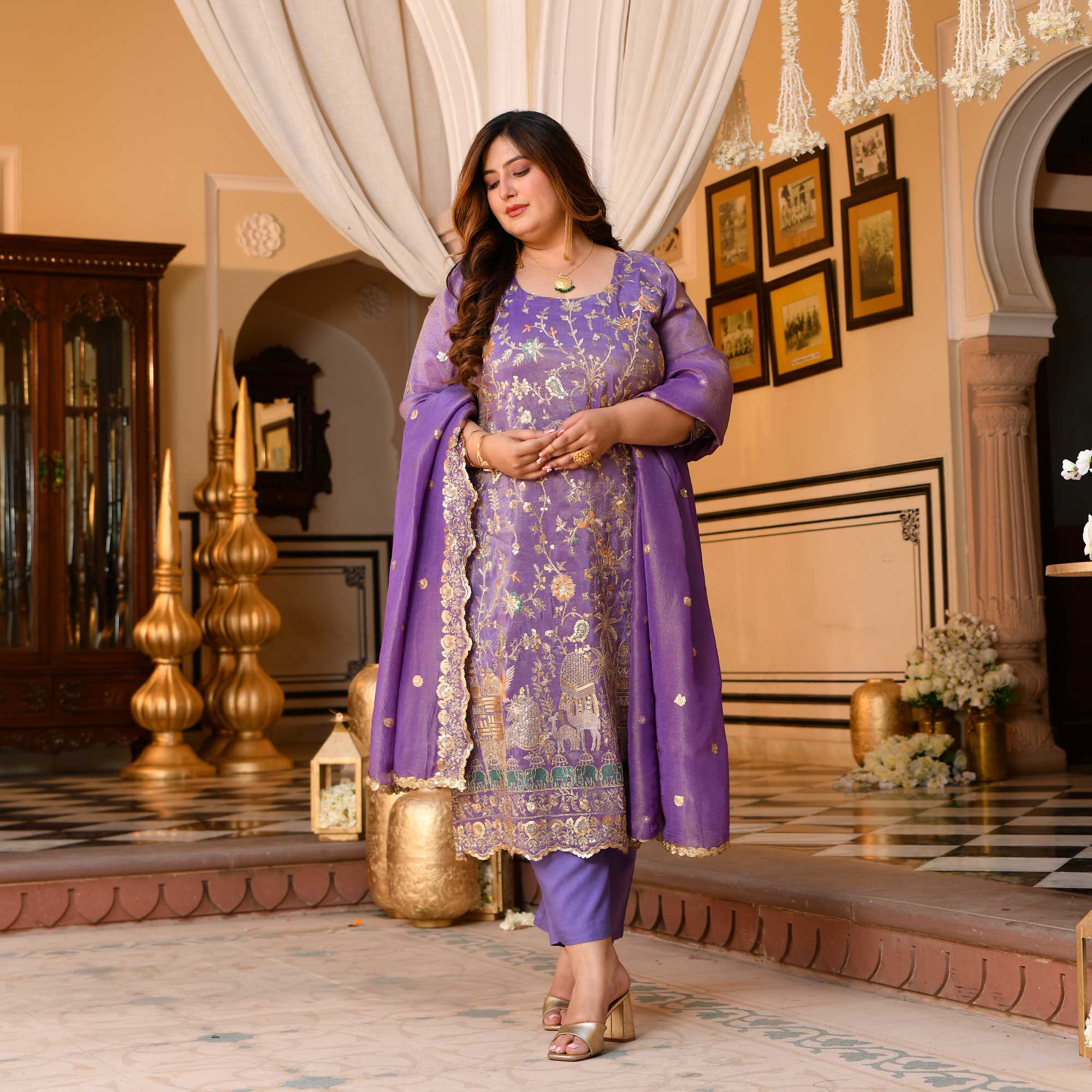 Urvashi - Wisteria Purple Sequin & Thread Embroidered Pure Tissue Silk Suit Set