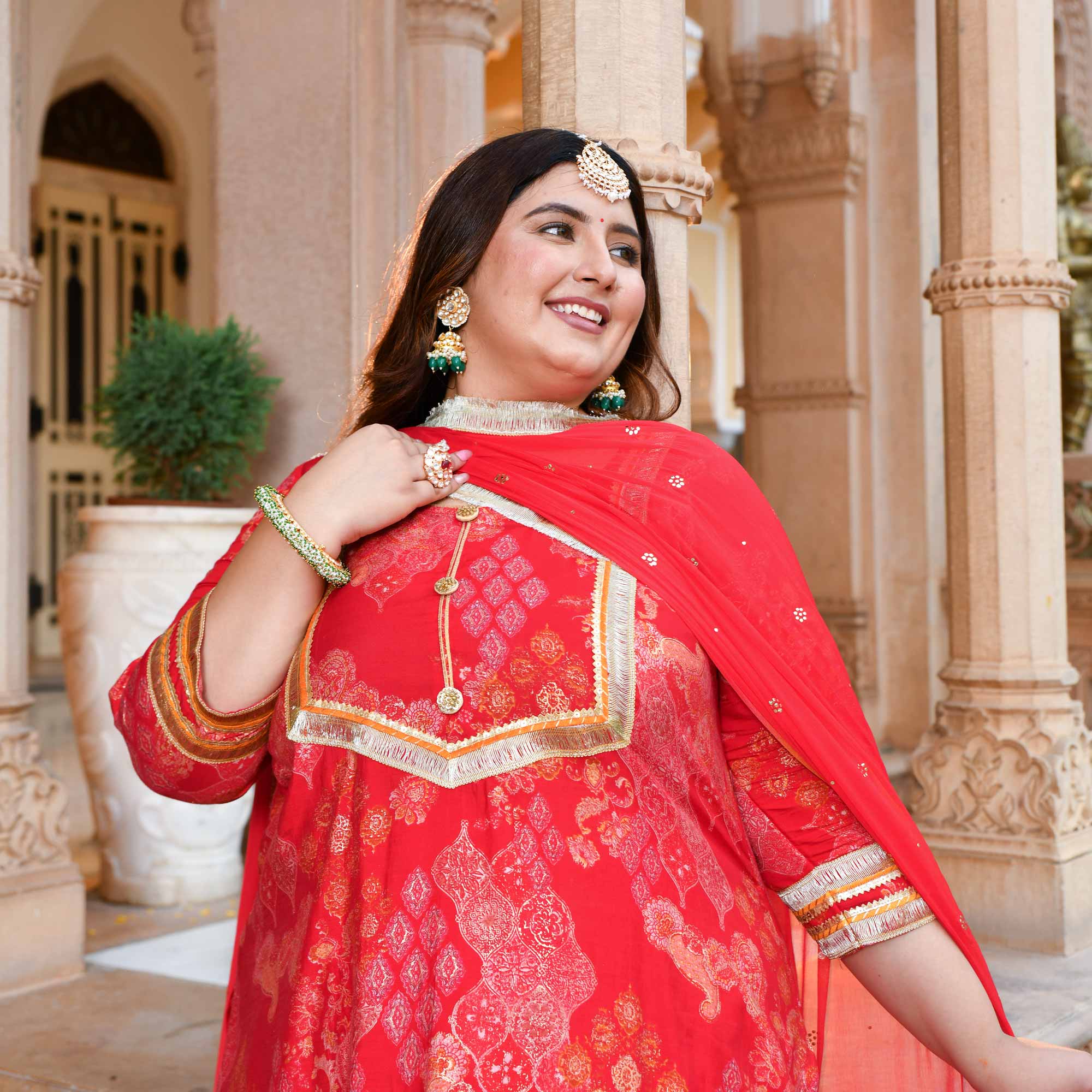 Red & Gold Printed Rayon Kurta