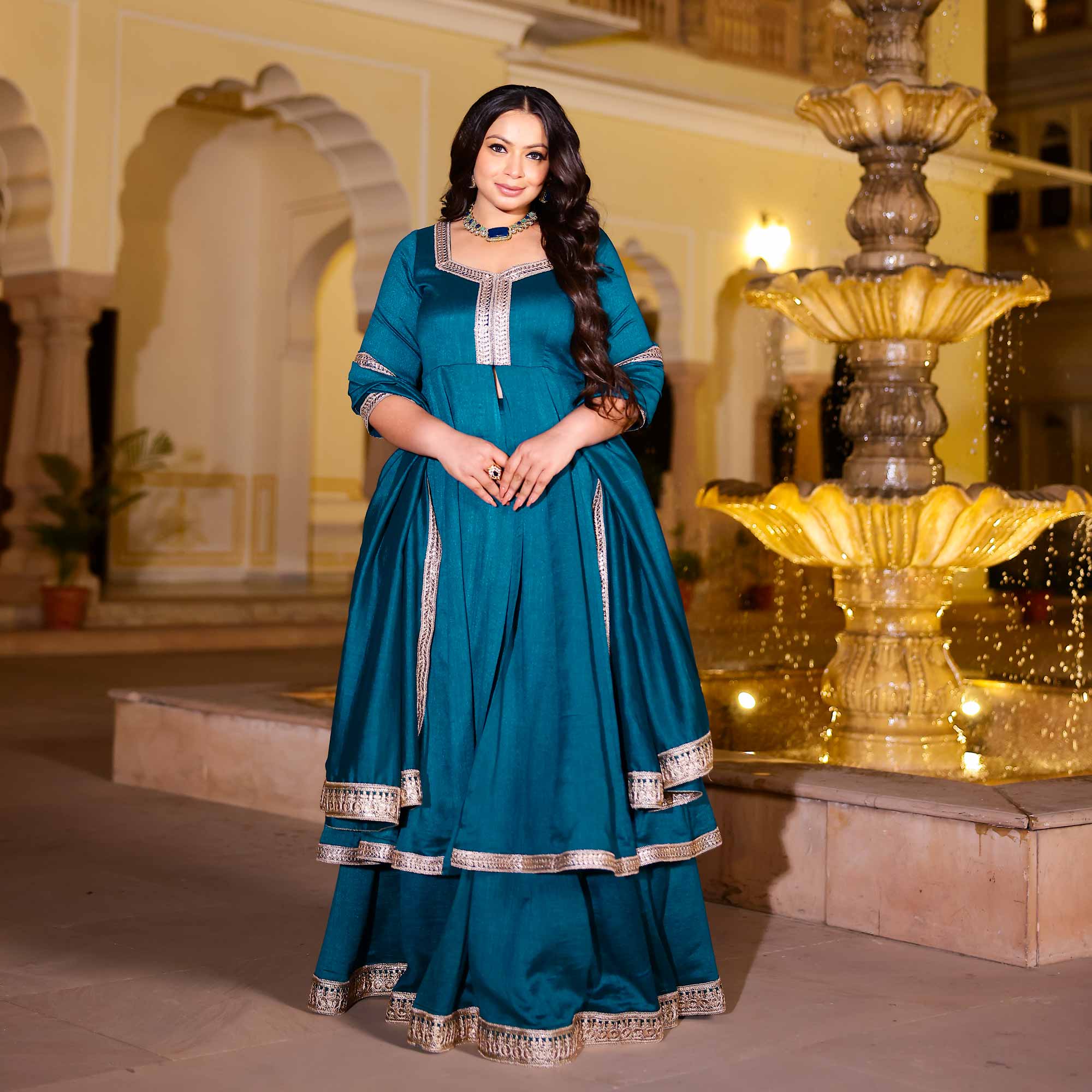 Kingfisher Blue Slit Anarkali Lehenga Set Kingfisher Blue Slit Anarkali Lehenga Set