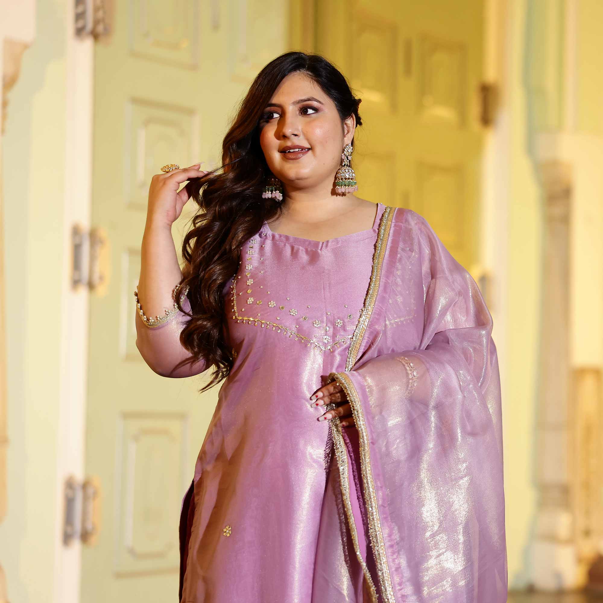 Lavender Glitz Tissue Gota Patti Handwork Suit Set