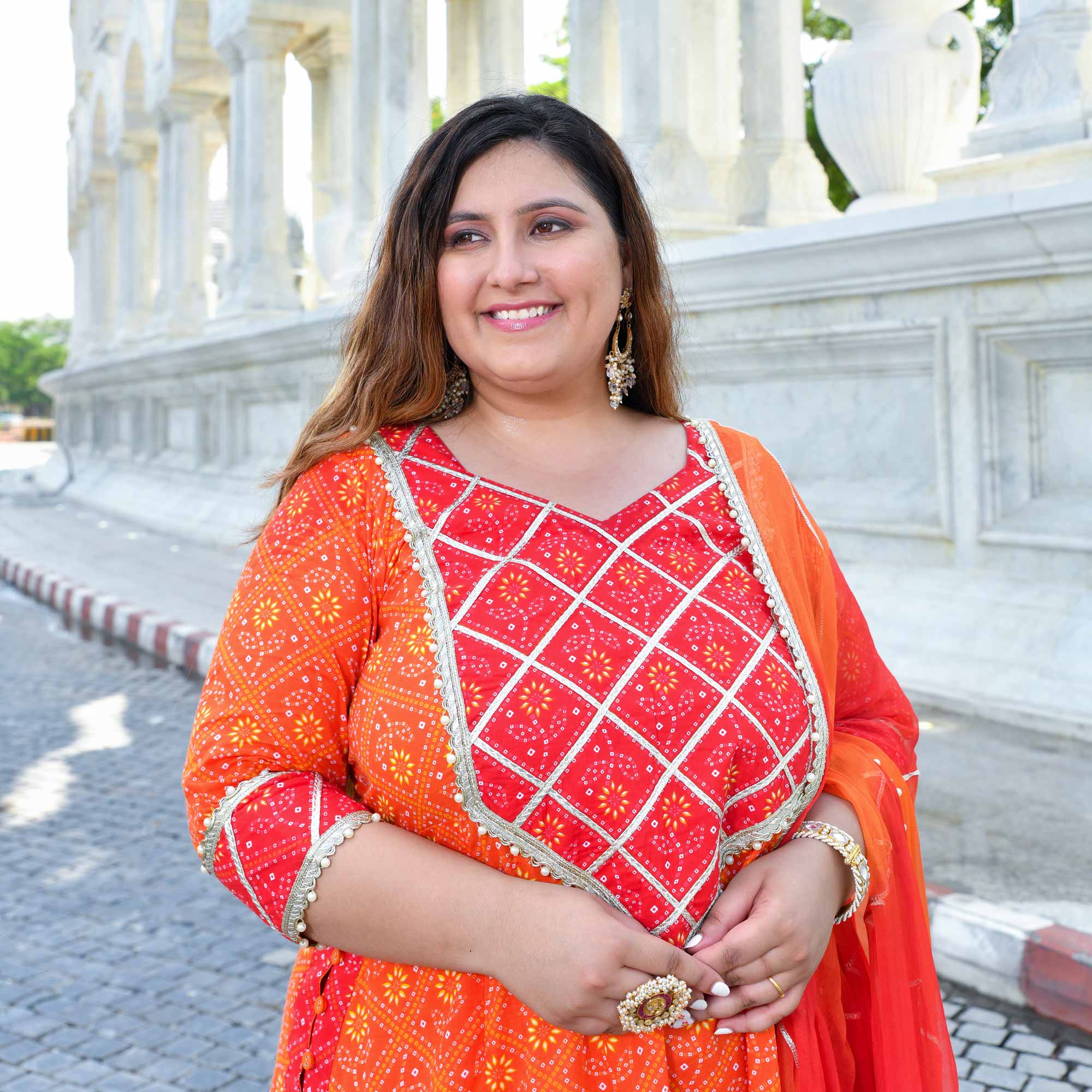 Rangrez - Red & Orange Bandhani Gota Cotton Aline Kurta