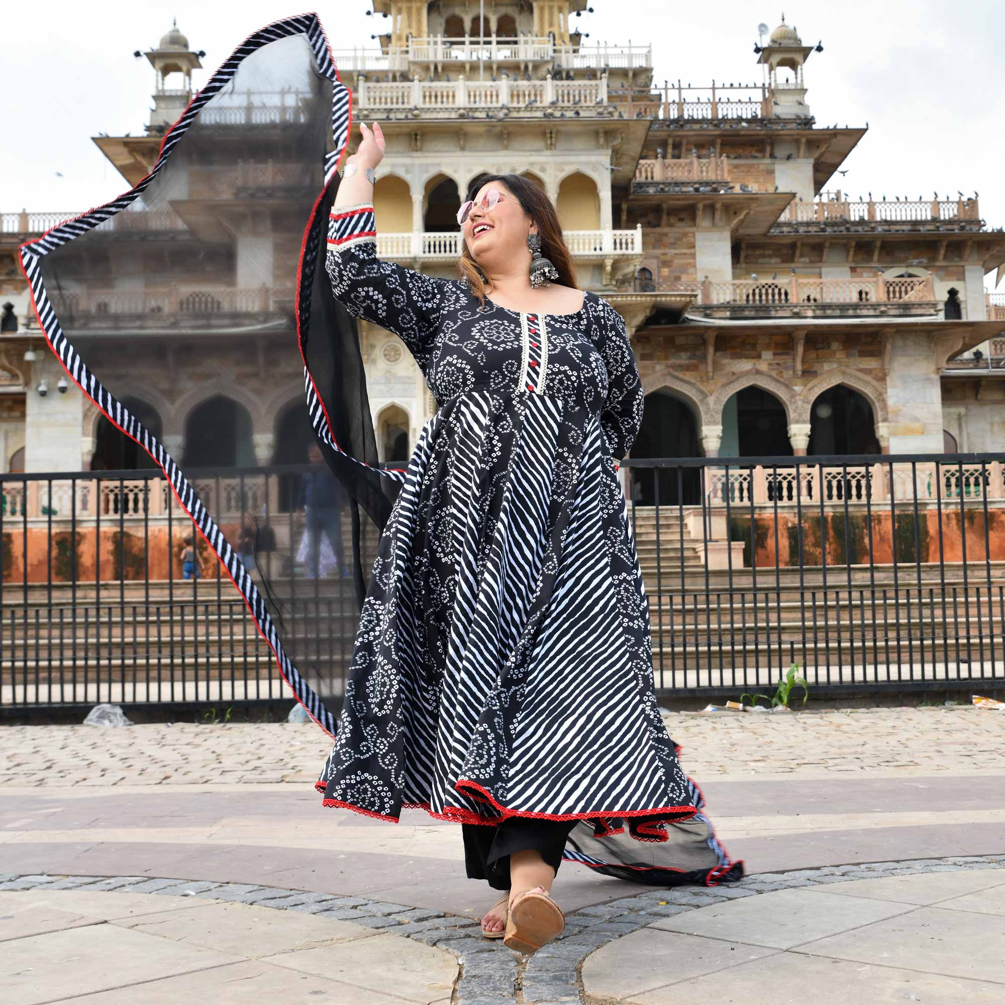 Rani in Black Bandhani Cotton Anarkali Set