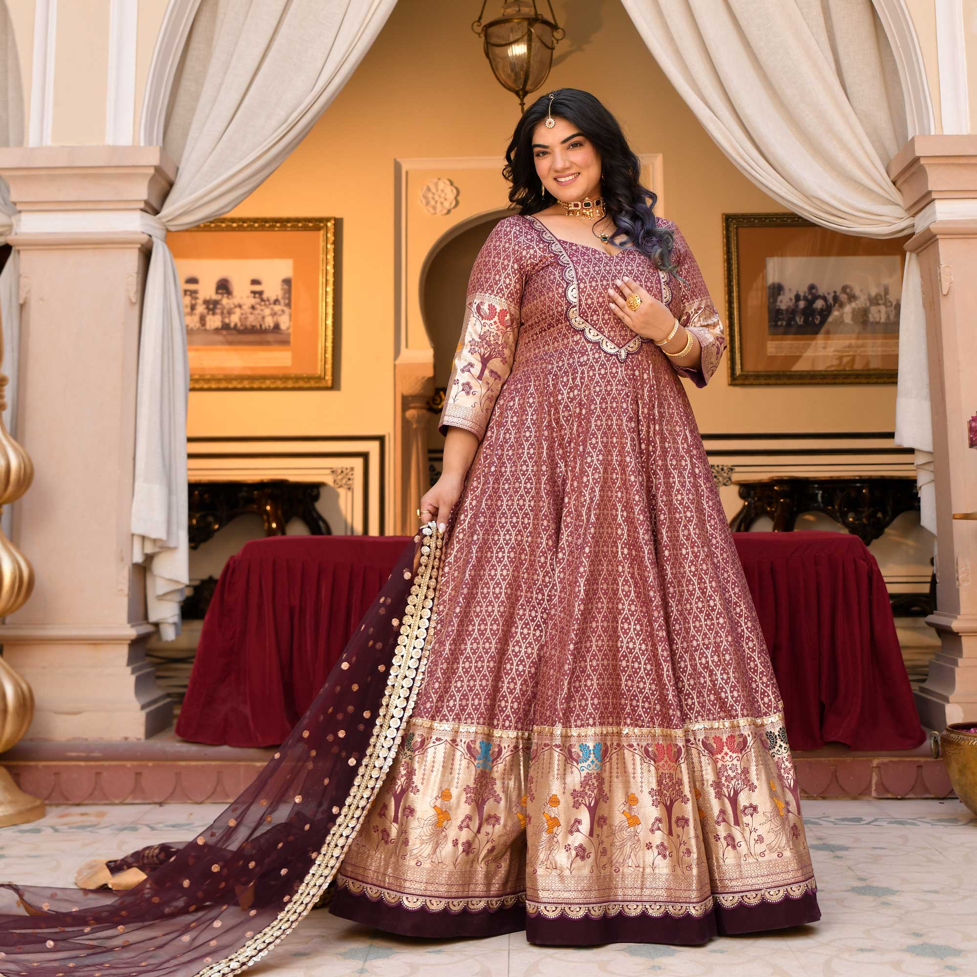 Arunima - Deep Wine Banarasi Silk Anarkali Set Arunima - Deep Wine Banarasi Silk Anarkali Set