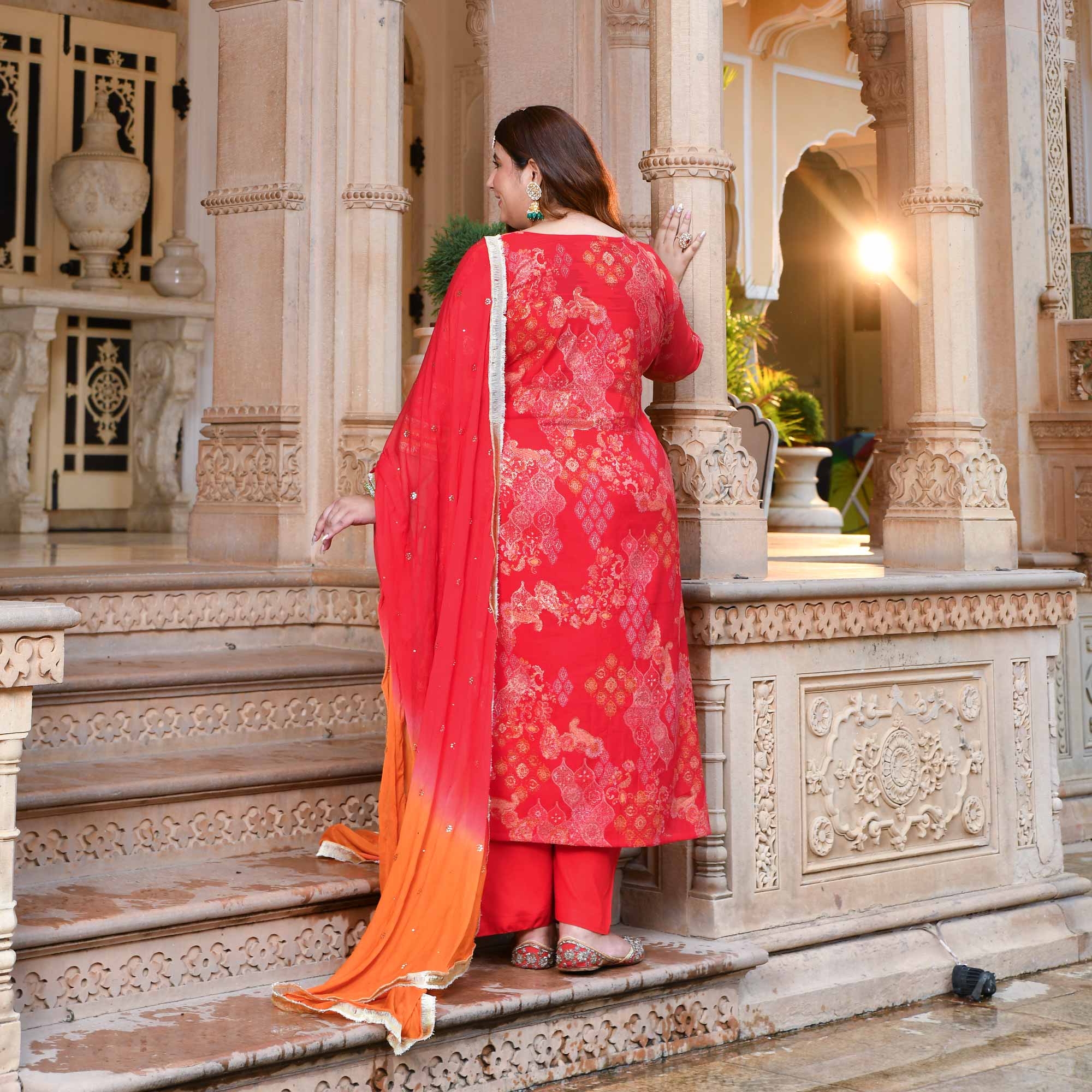 Red & Gold Printed Rayon Kurta