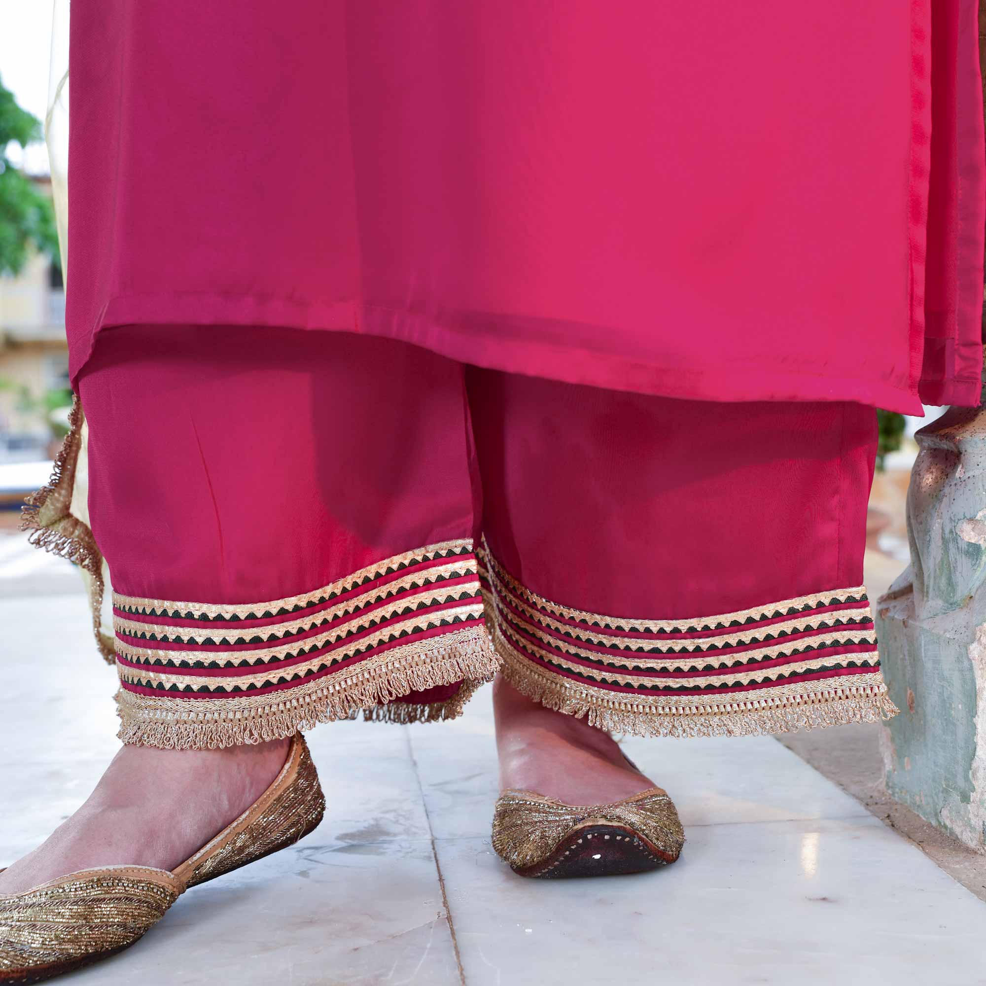 Gulabi Noor- Rani Pink Silk Chiffon Embroidered Suit Set
