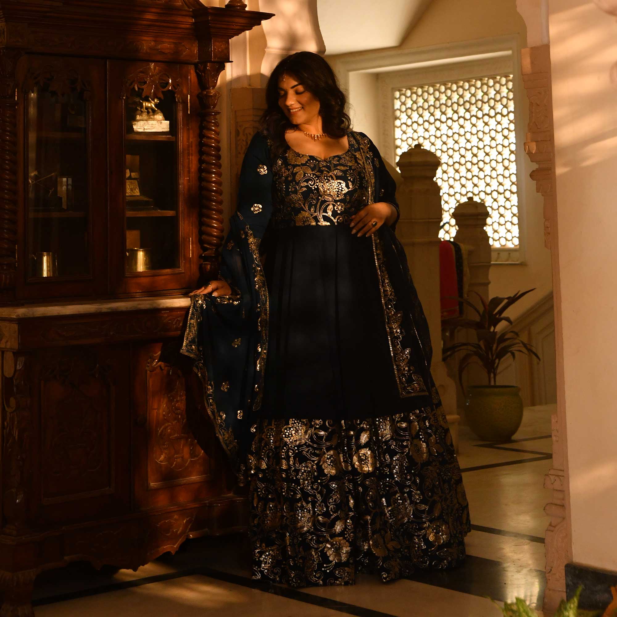 Jahnvi - Deep Prussian Blue Sequin Embroidered Georgette Anarkali Set