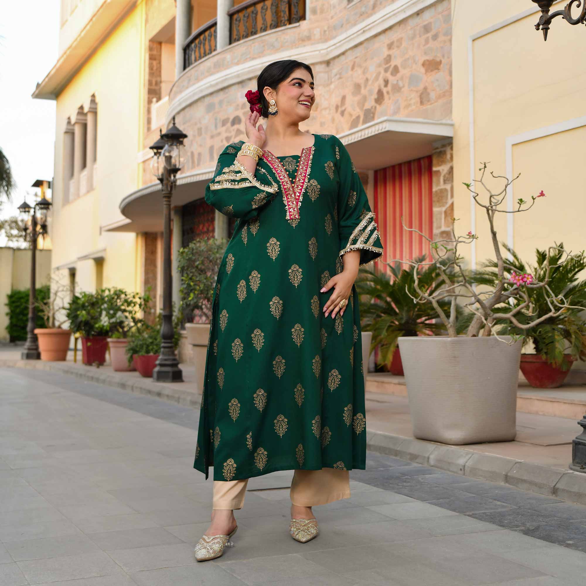 Rasiya - Green & Gold Block Printed Rayon Princess Line Kurta