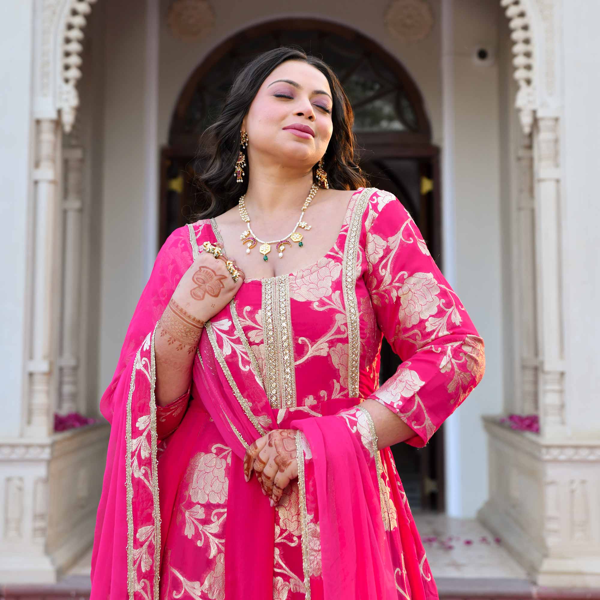 Pankhuri - Deep Pink Banarasi Pure Georgette Anarkali Set Pankhuri - Deep Pink Banarasi Pure Georgette Anarkali Set