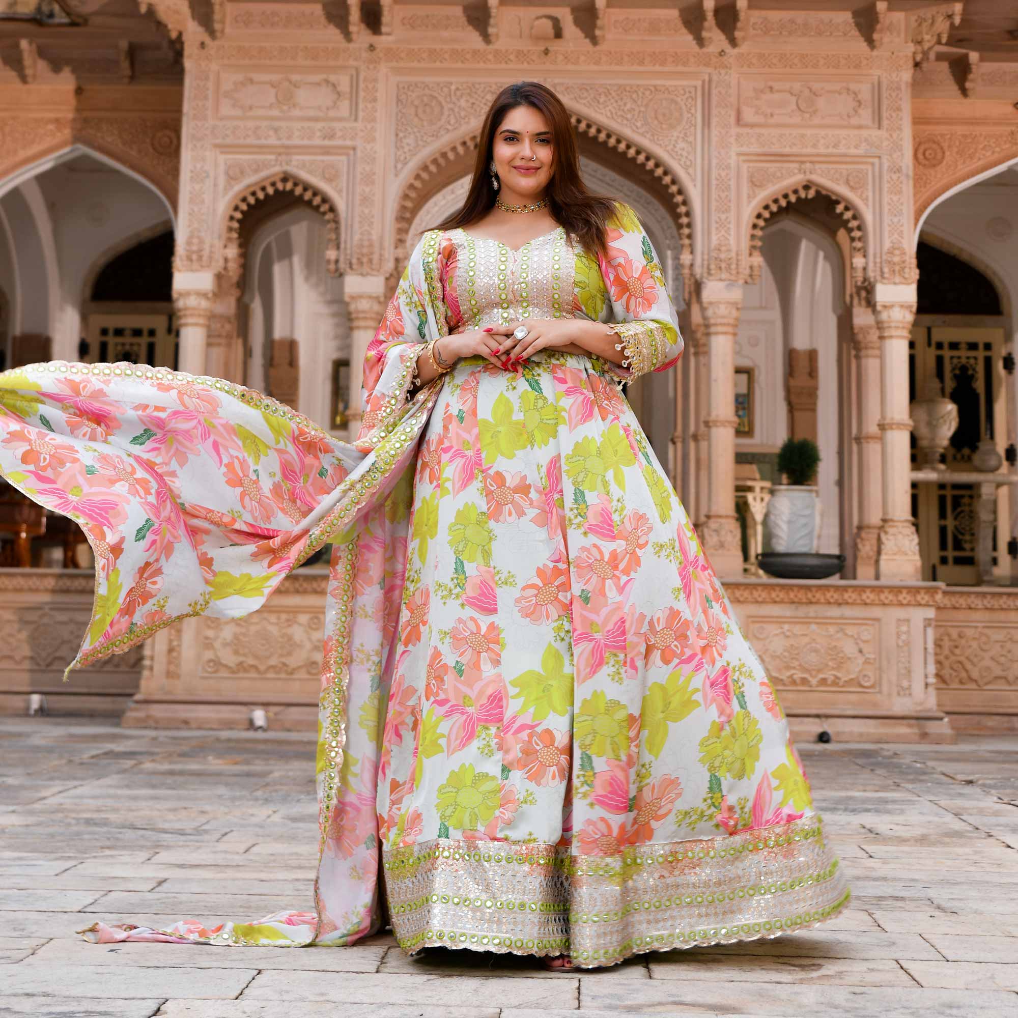 Dewy Blooms Floral Satin Embroidered Lehenga Set Dewy Blooms Floral Satin Embroidered Lehenga Set