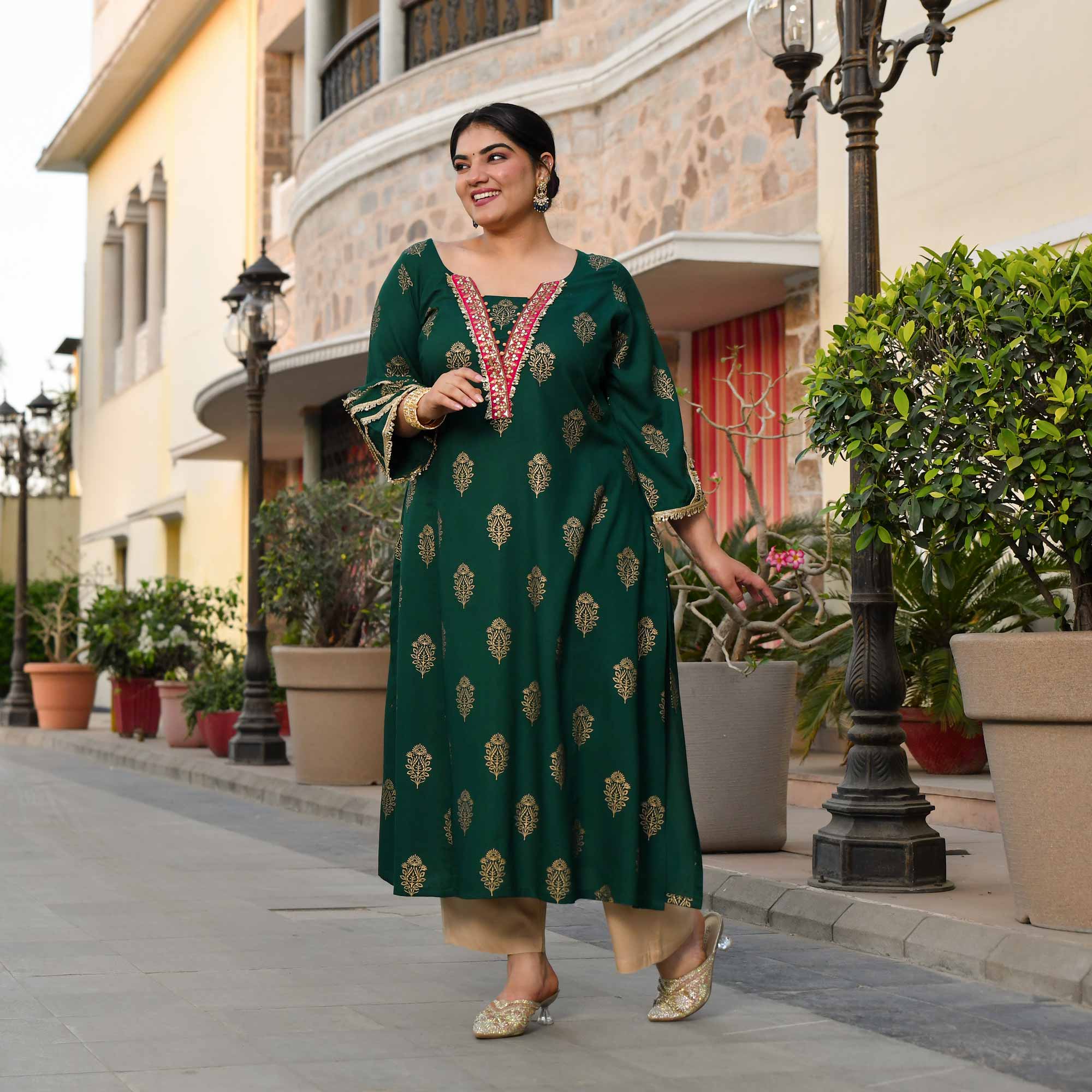 Rasiya - Green & Gold Block Printed Rayon Princess Line Kurta