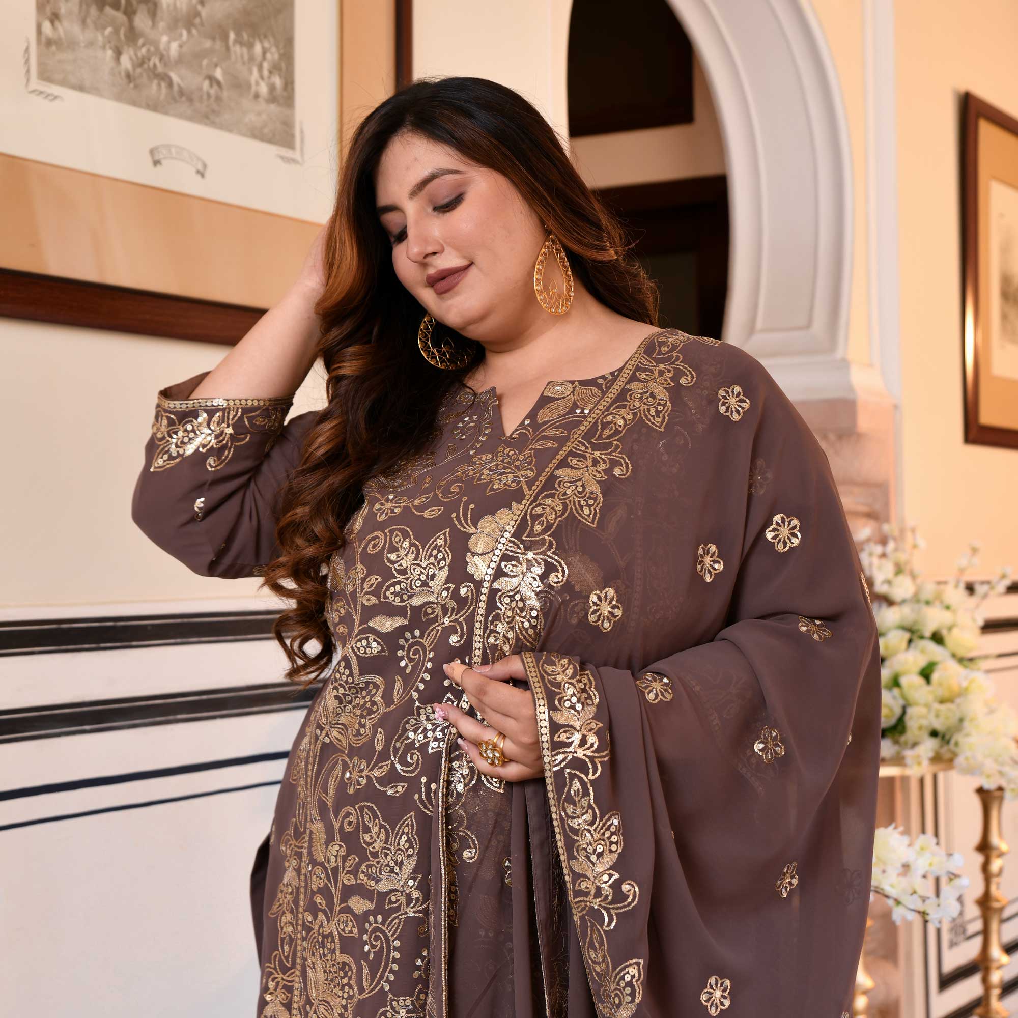 Ishani - Dusky Mauve Sequin Embroidered Georgette Suit Set