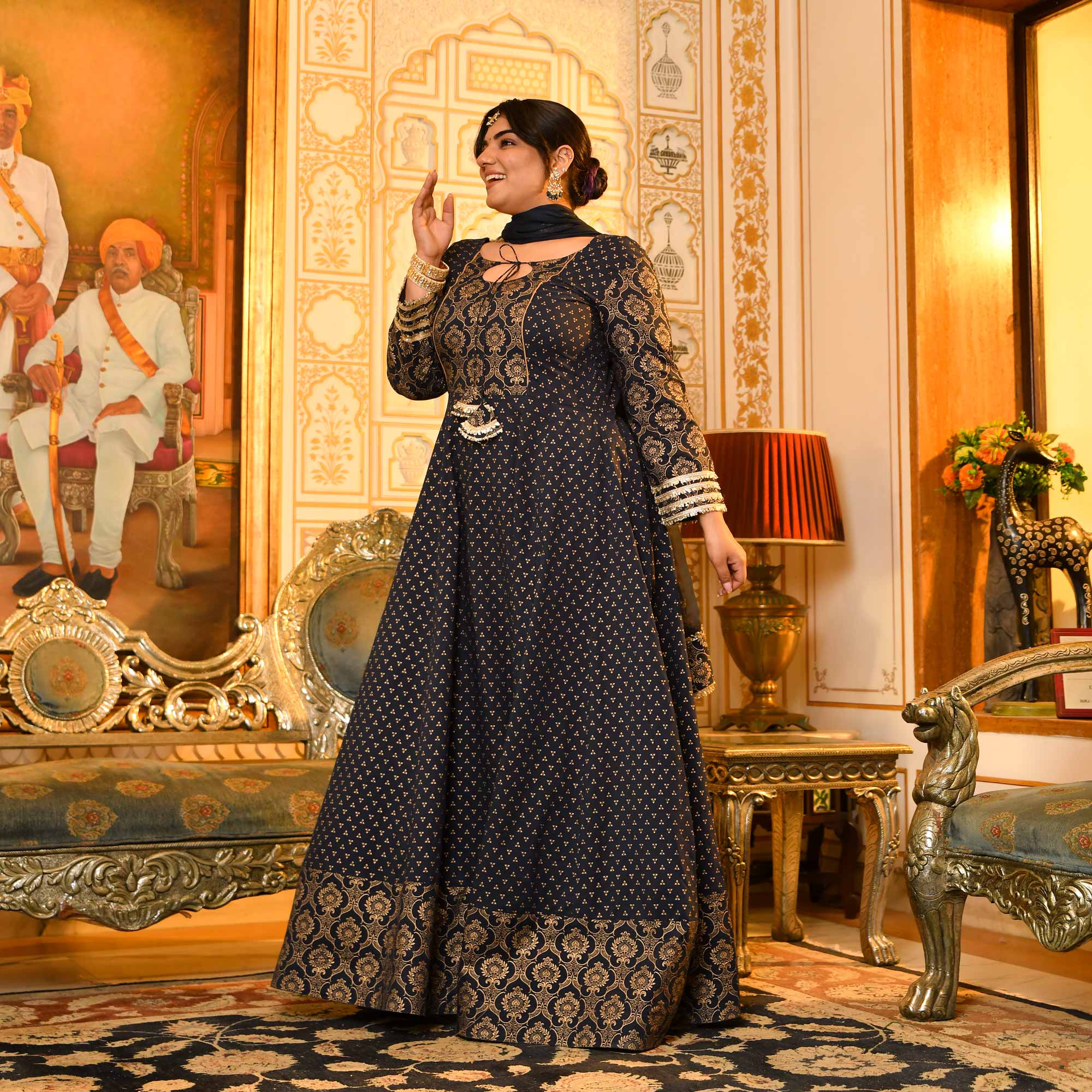 Kaushiki- Deep Blue & Gold Block Pure Cotton Printed Anarkali Kaushiki- Deep Blue & Gold Block Pure Cotton Printed Anarkali