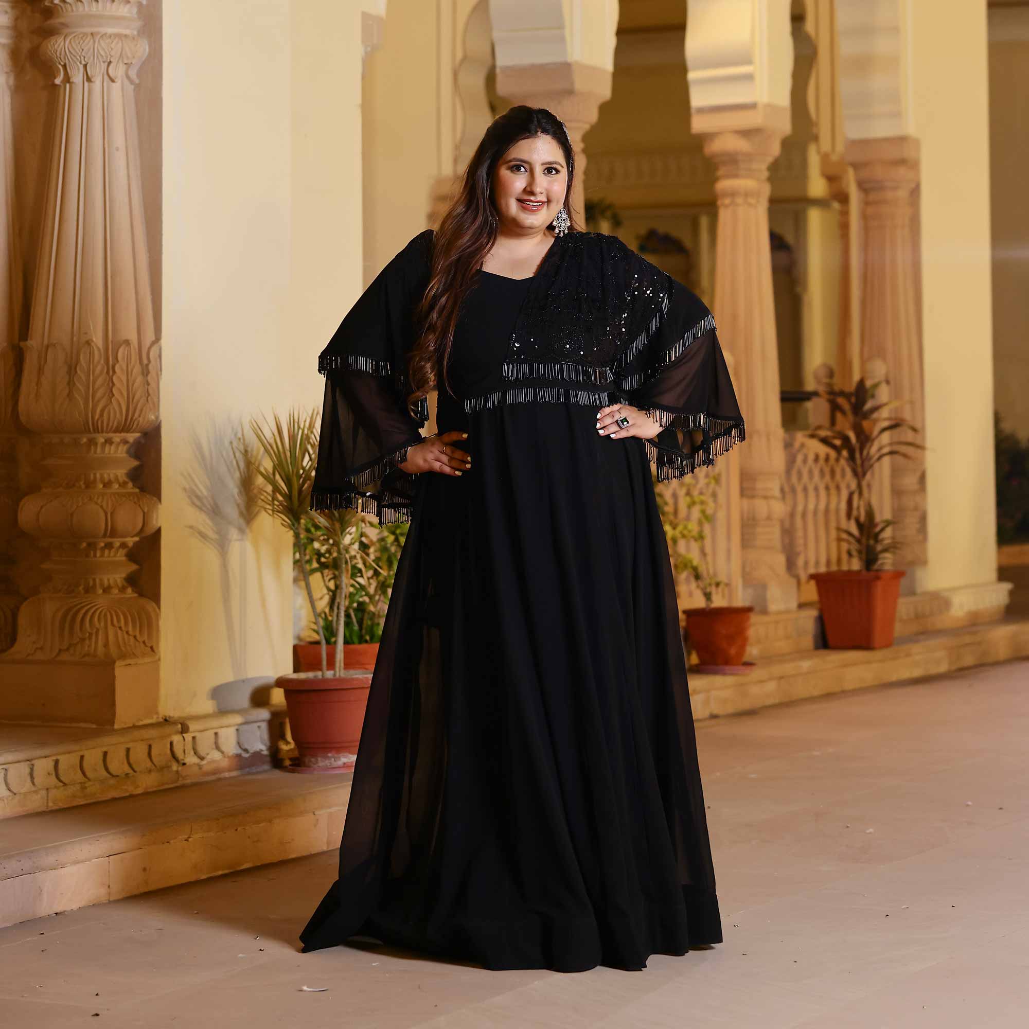 Luxe Ebony Cutdana Georgette Anarkali with Belt drape (Black)
