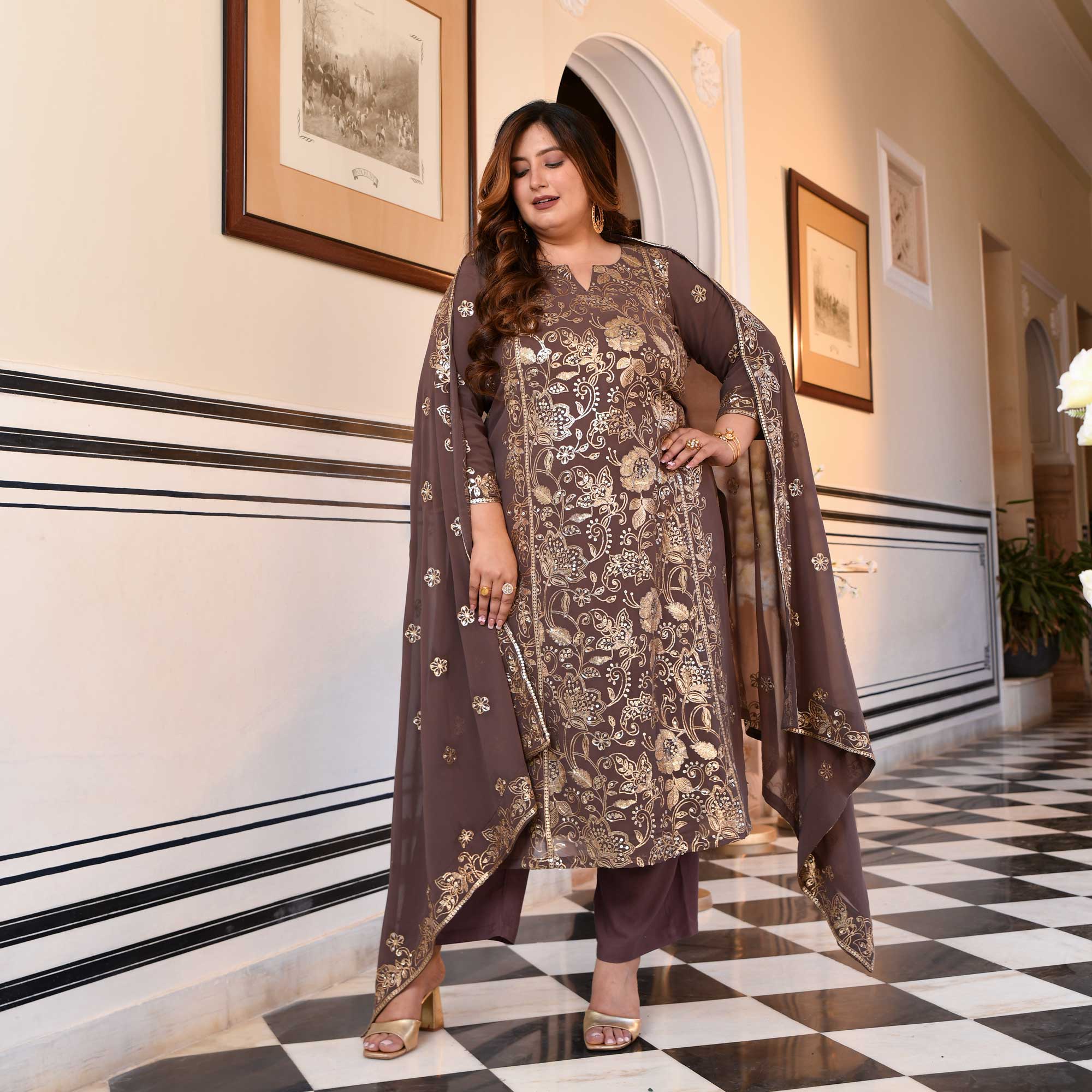 Ishani - Dusky Mauve Sequin Embroidered Georgette Suit Set