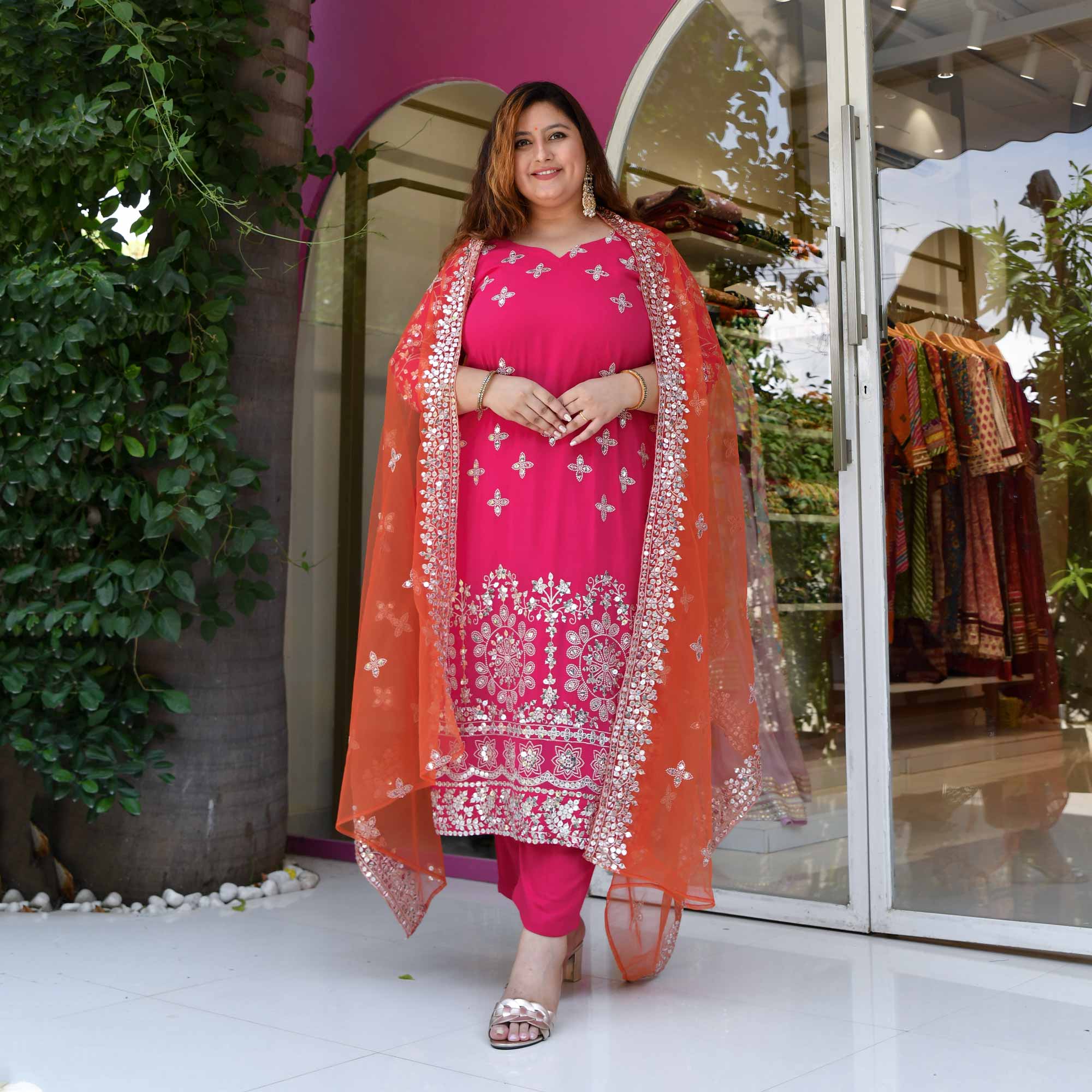 Pink Flame Mirror Embroidered Pure Georgette Suit Set