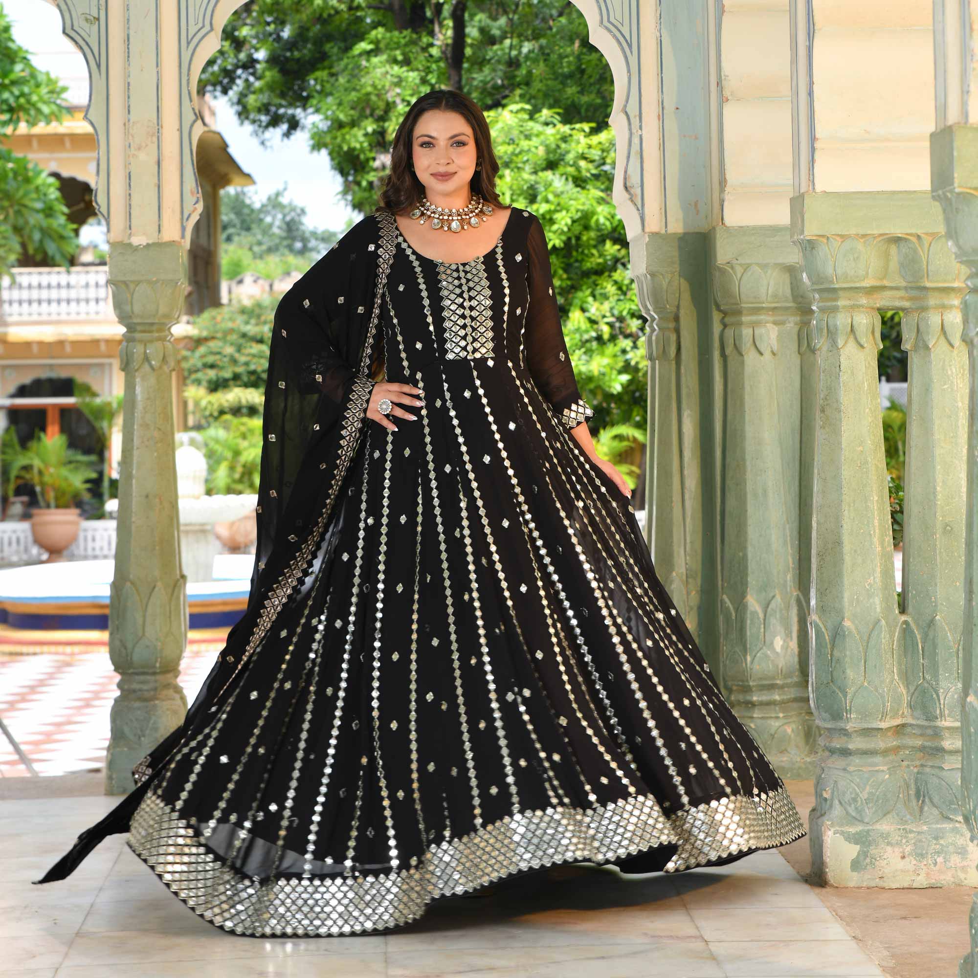 Black Diamond Mirror Embroidered Pure Georgette Anarkali Set