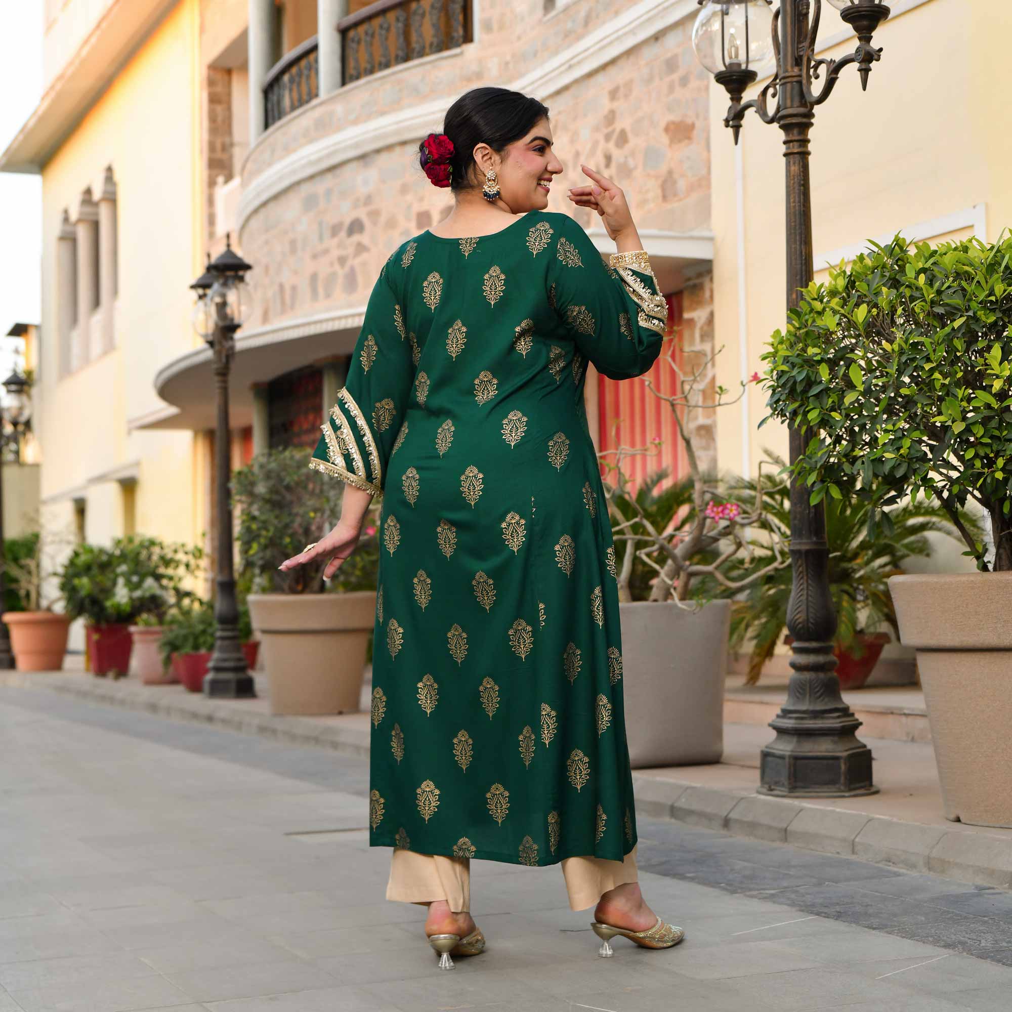 Rasiya - Green & Gold Block Printed Rayon Princess Line Kurta