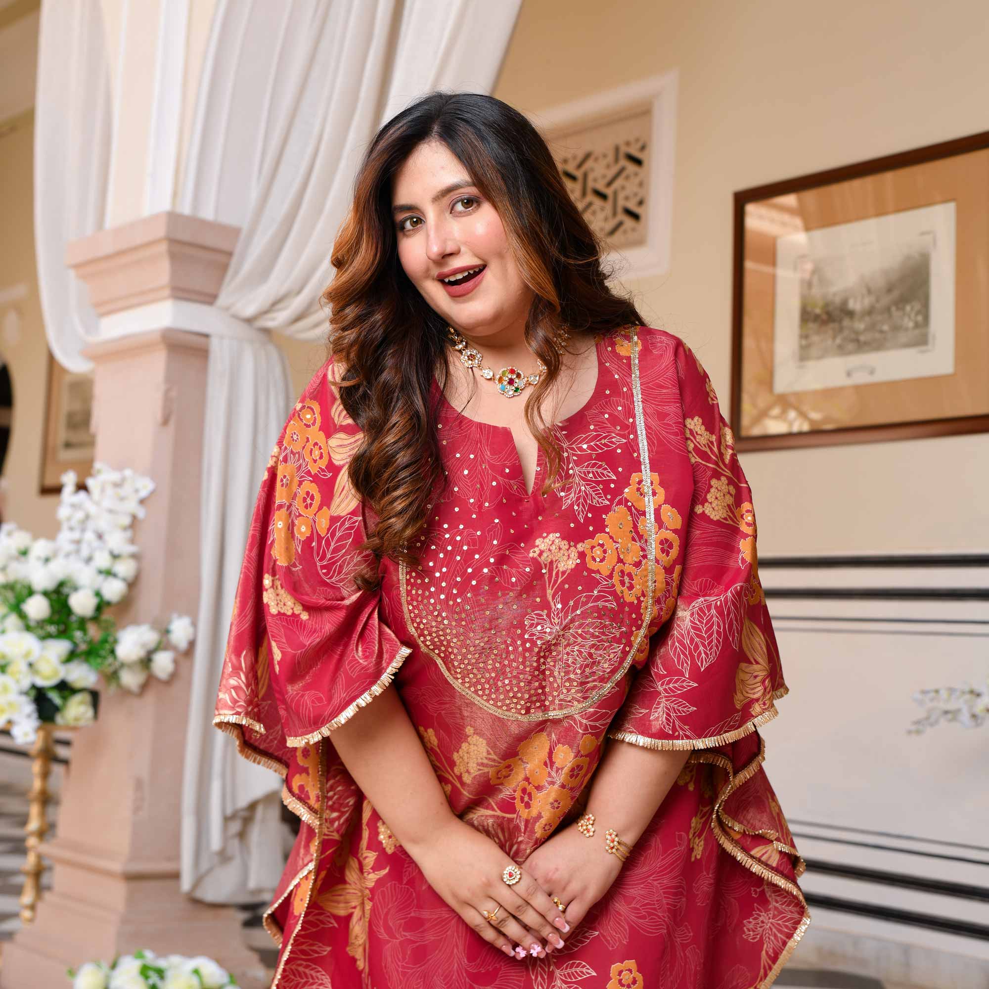 Timeless Tulips Floral Muslin Hand Embroidered Kaftan Co-ord Set Timeless Tulips Floral Muslin Hand Embroidered Kaftan Co-ord Set