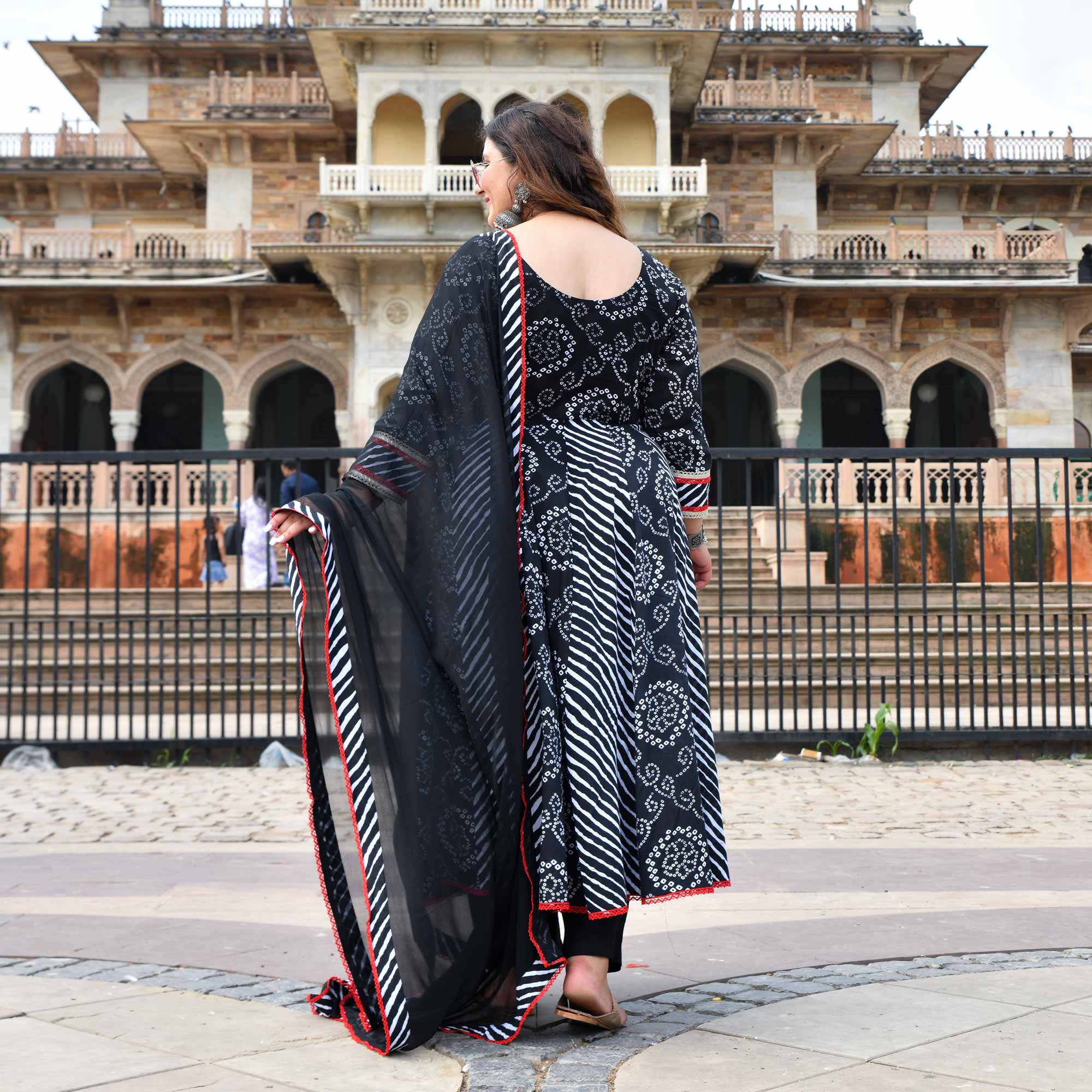 Rani in Black Bandhani Cotton Anarkali Set