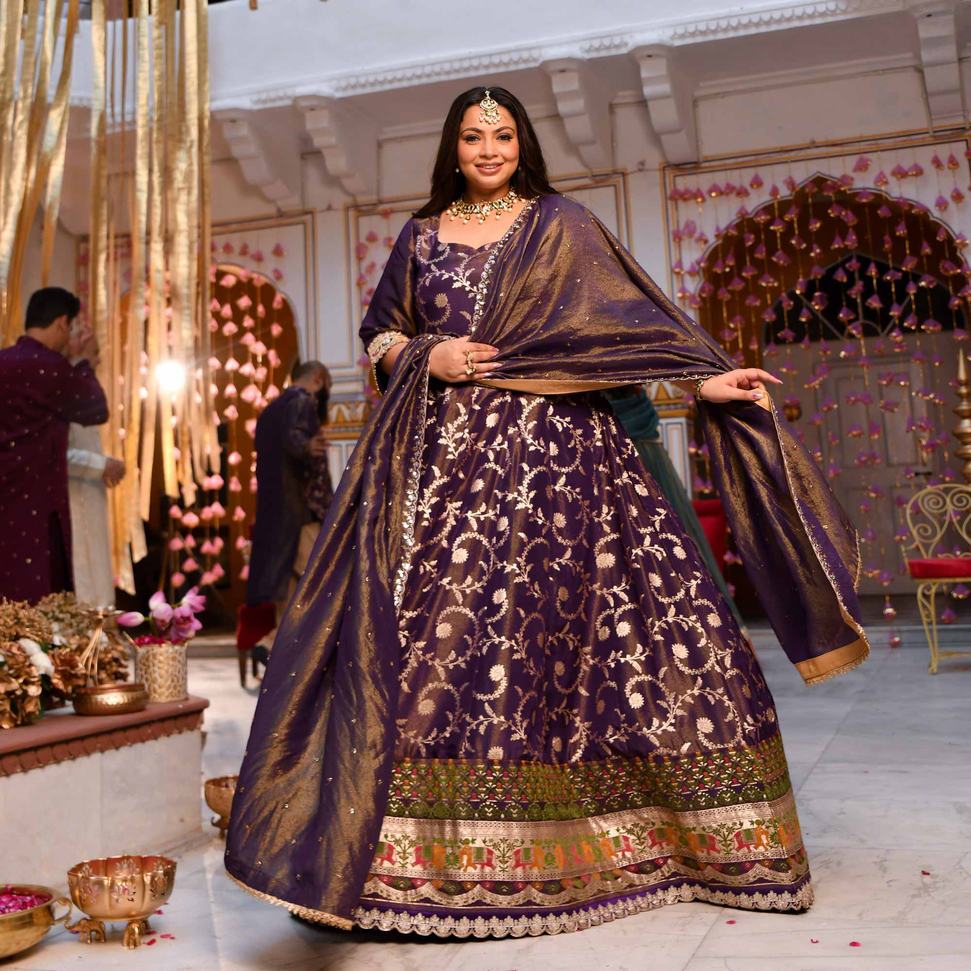 Heirloom-Violet Banarasi Tissue Silk Embroidered Anarkali Set