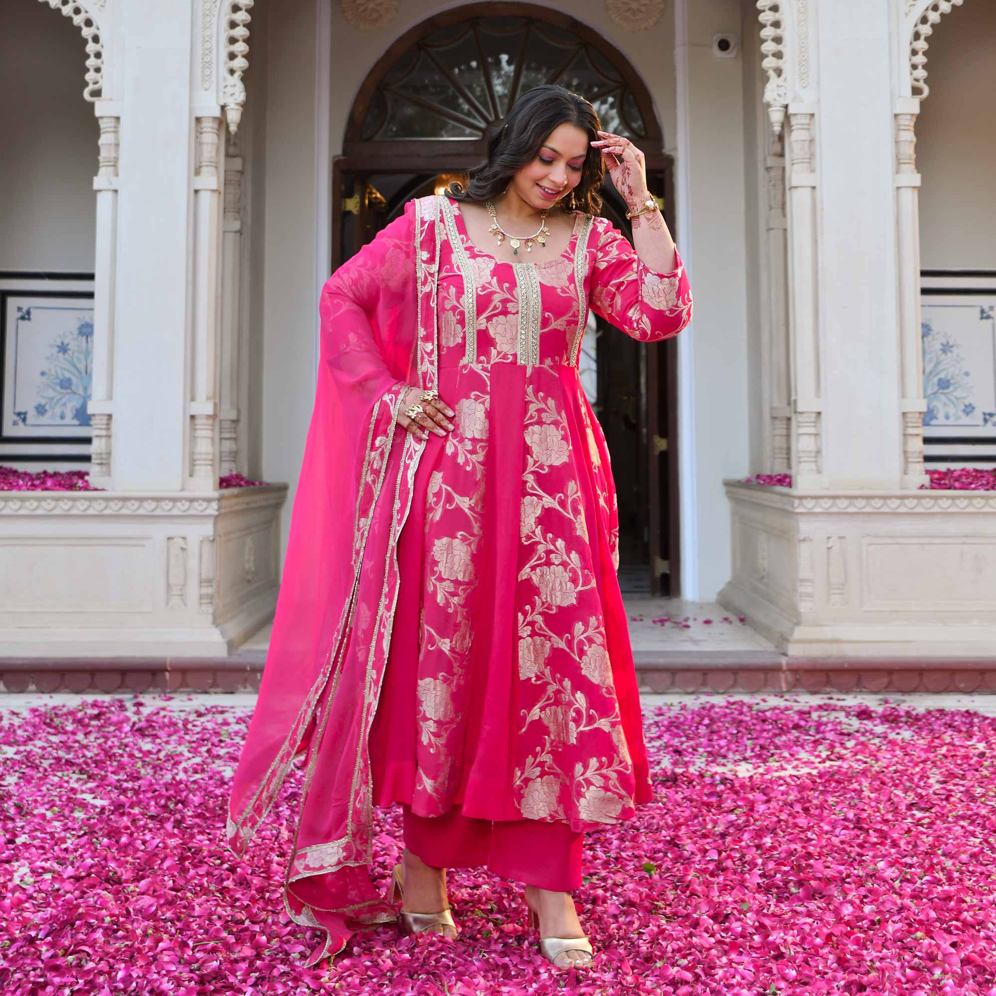 Pankhuri - Deep Pink Banarasi Pure Georgette Anarkali Set Pankhuri - Deep Pink Banarasi Pure Georgette Anarkali Set