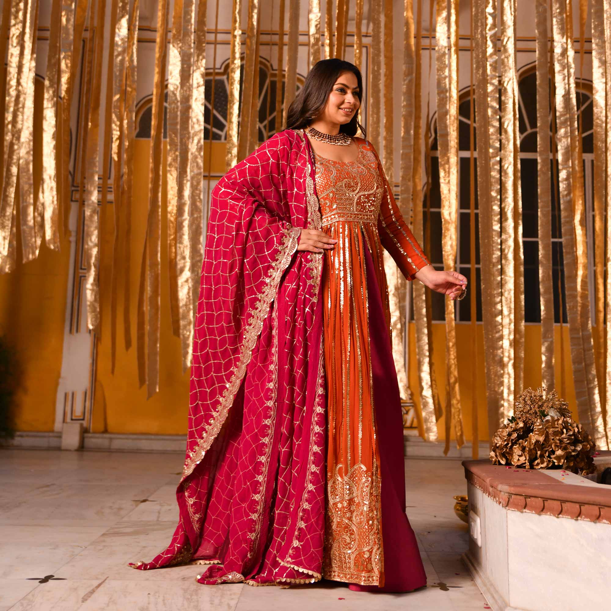 Rosette Royale - Rust Orange & Deep Pink Sequin Embroidered Pure georgette Anarkali Skirt Set Rosette Royale - Rust Orange & Deep Pink Sequin Embroidered Pure georgette Anarkali Skirt Set