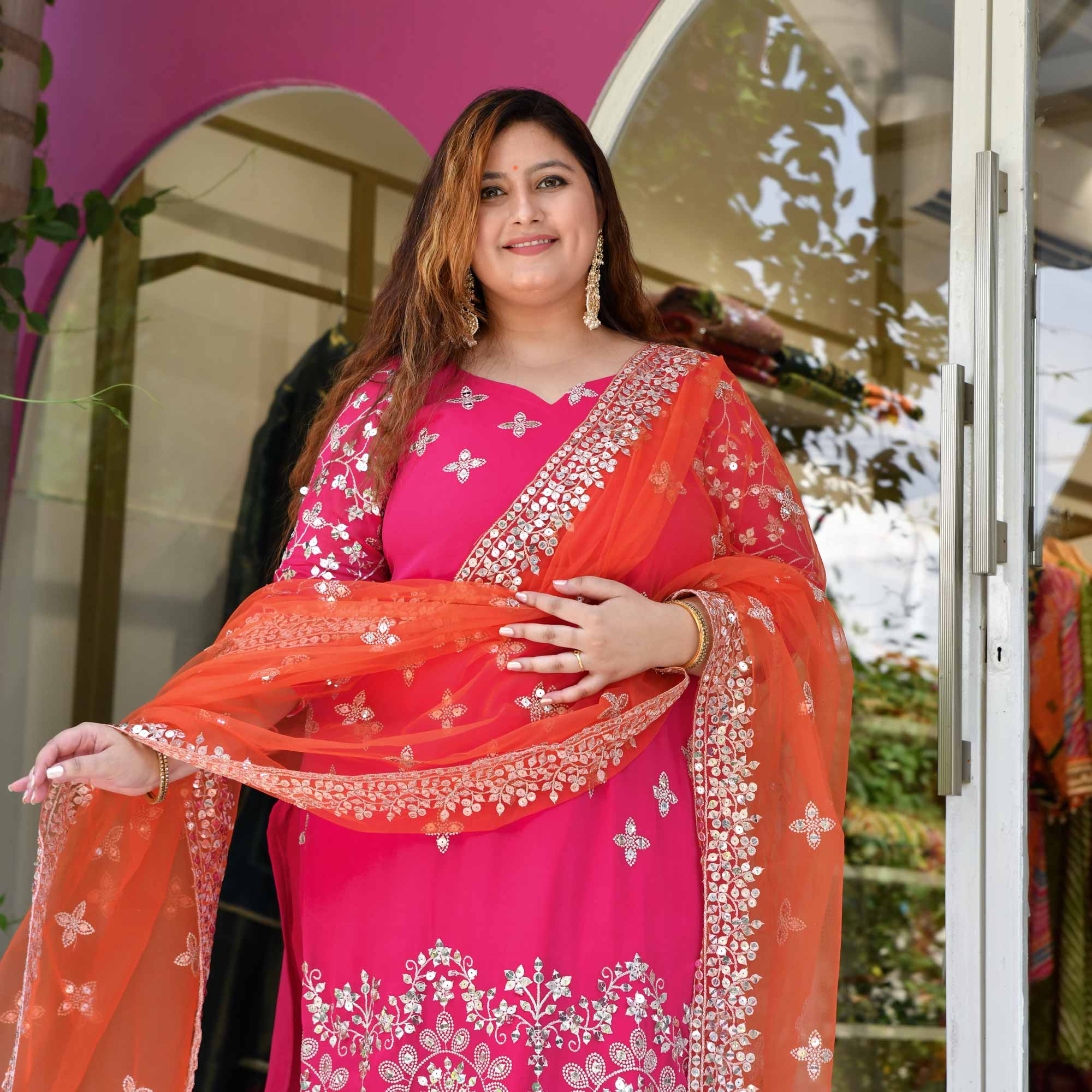 Pink Flame Mirror Embroidered Pure Georgette Suit Set