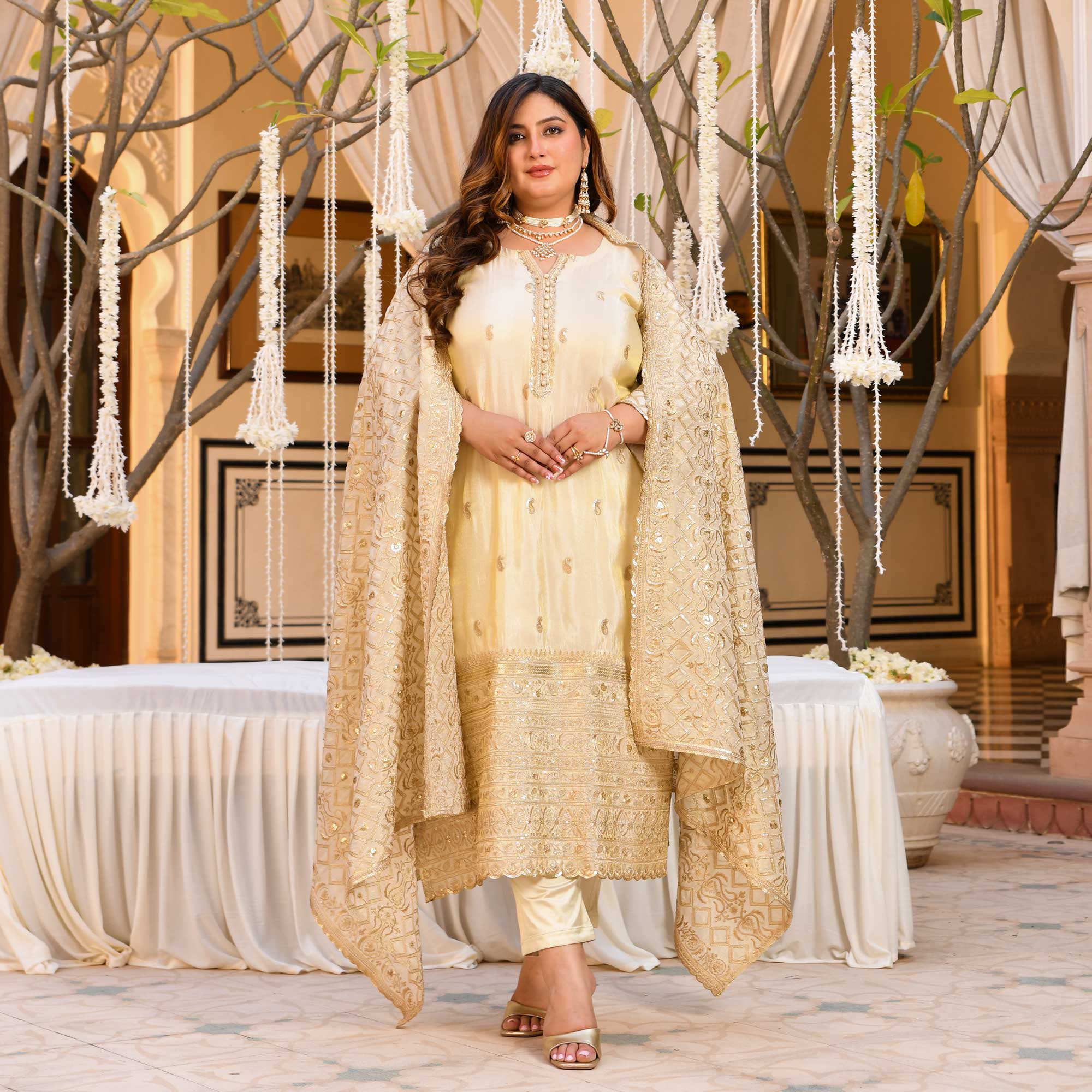 SAHIBA - Ivory & Gold Sequin Embroidered Pure Tissue Silk Suit Set