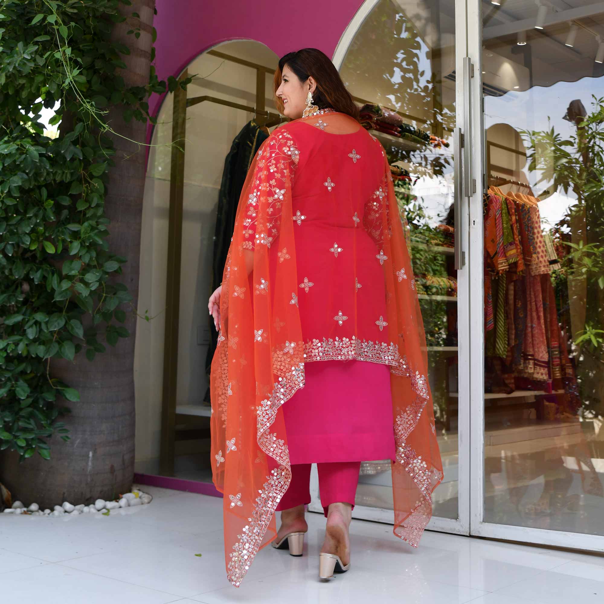 Pink Flame Mirror Embroidered Pure Georgette Suit Set