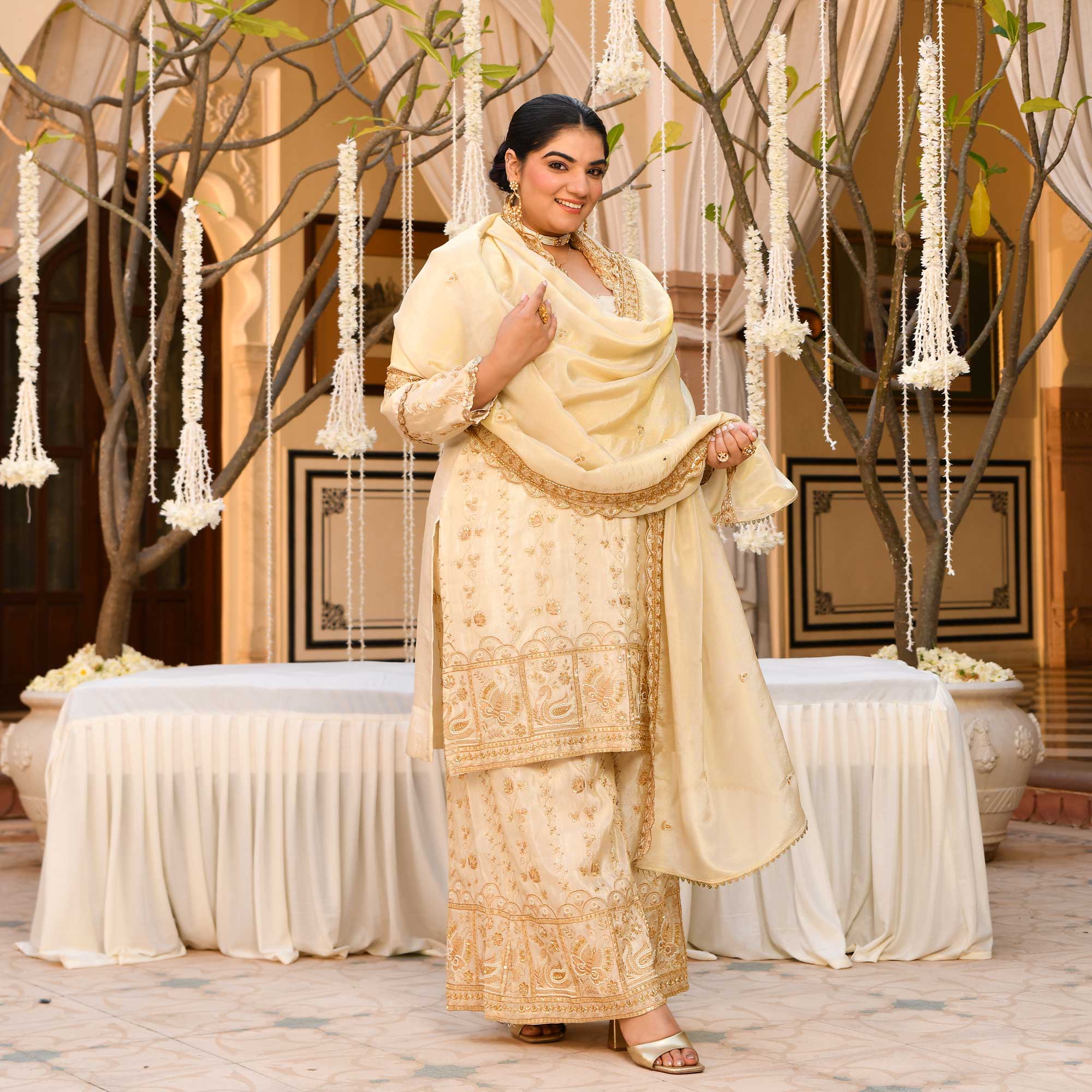 KALKI - Ivory & Gold Cutdana Embroidered Pure Tissue Silk Suit Set KALKI - Ivory & Gold Cutdana Embroidered Pure Tissue Silk Suit Set