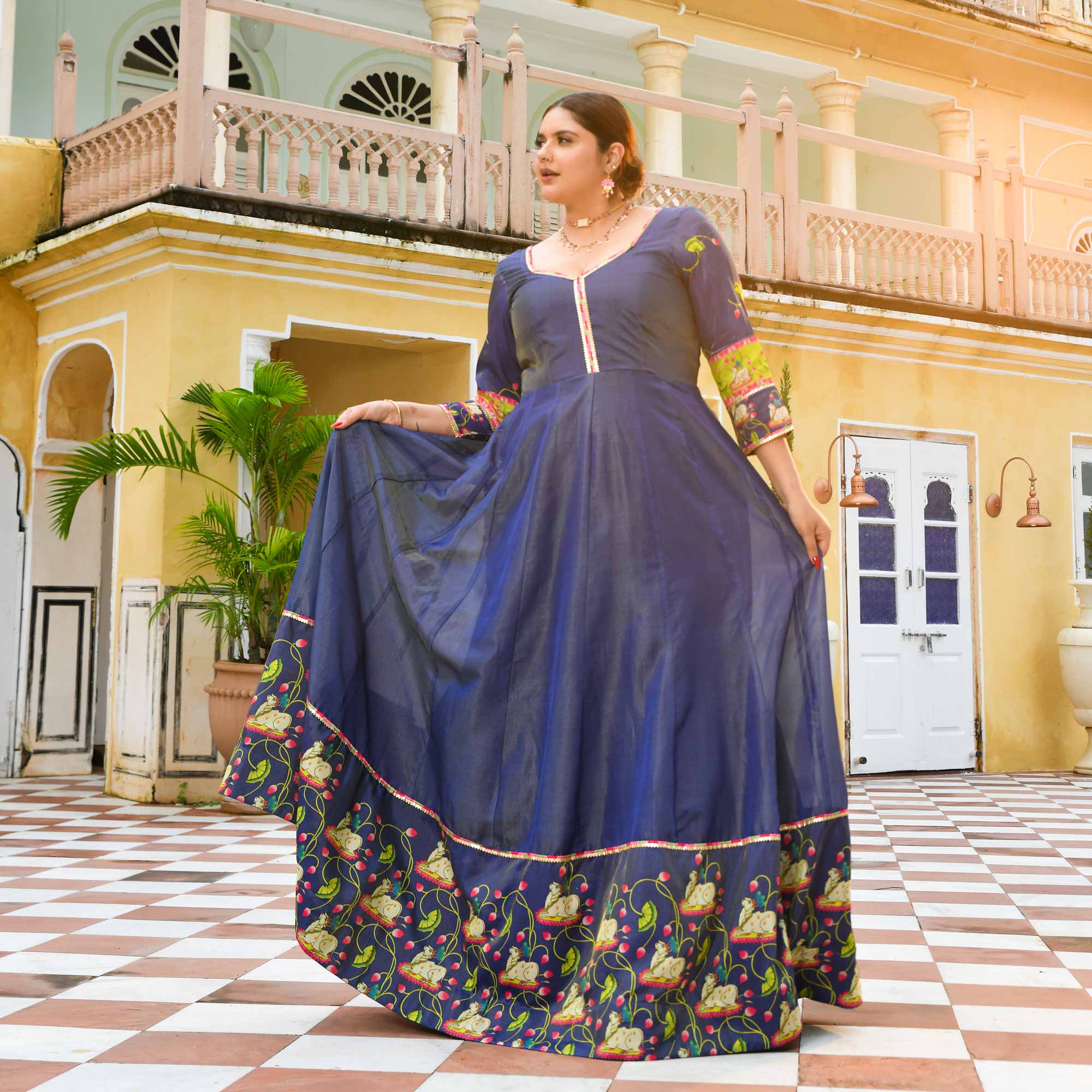 Neel Aabha- Blue Tissue Silk Pichwai Printed Anarkali Set Neel Aabha- Blue Tissue Silk Pichwai Printed Anarkali Set