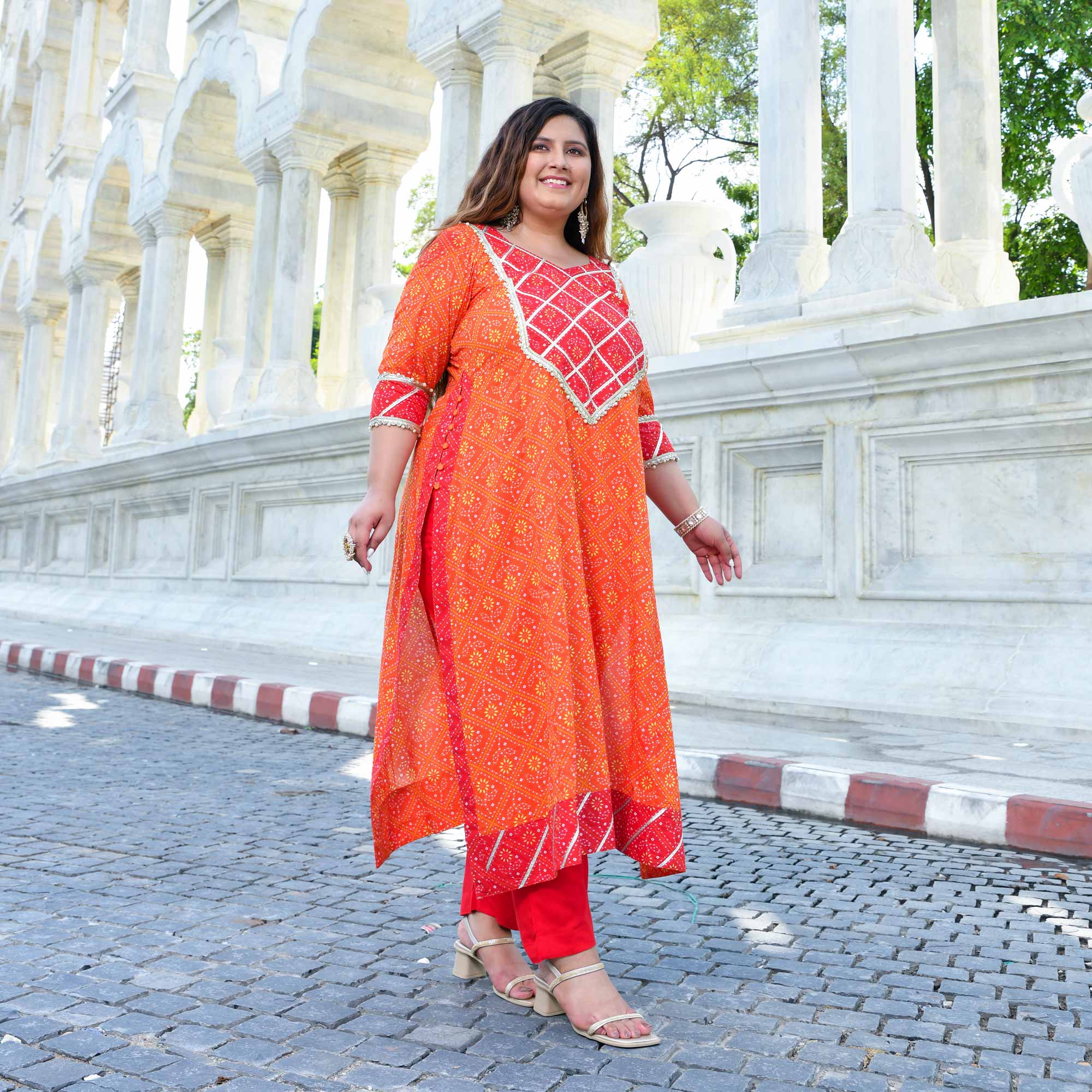 Rangrez - Red & Orange Bandhani Gota Cotton Aline Kurta