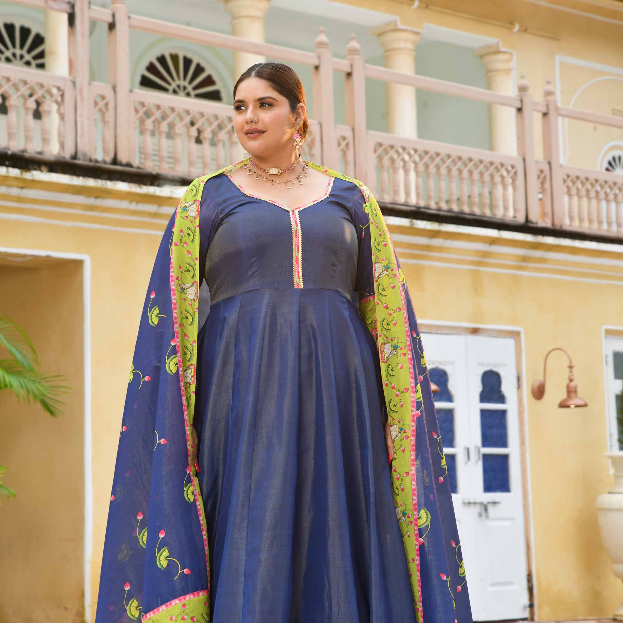 Neel Aabha- Blue Tissue Silk Pichwai Printed Anarkali Set Neel Aabha- Blue Tissue Silk Pichwai Printed Anarkali Set