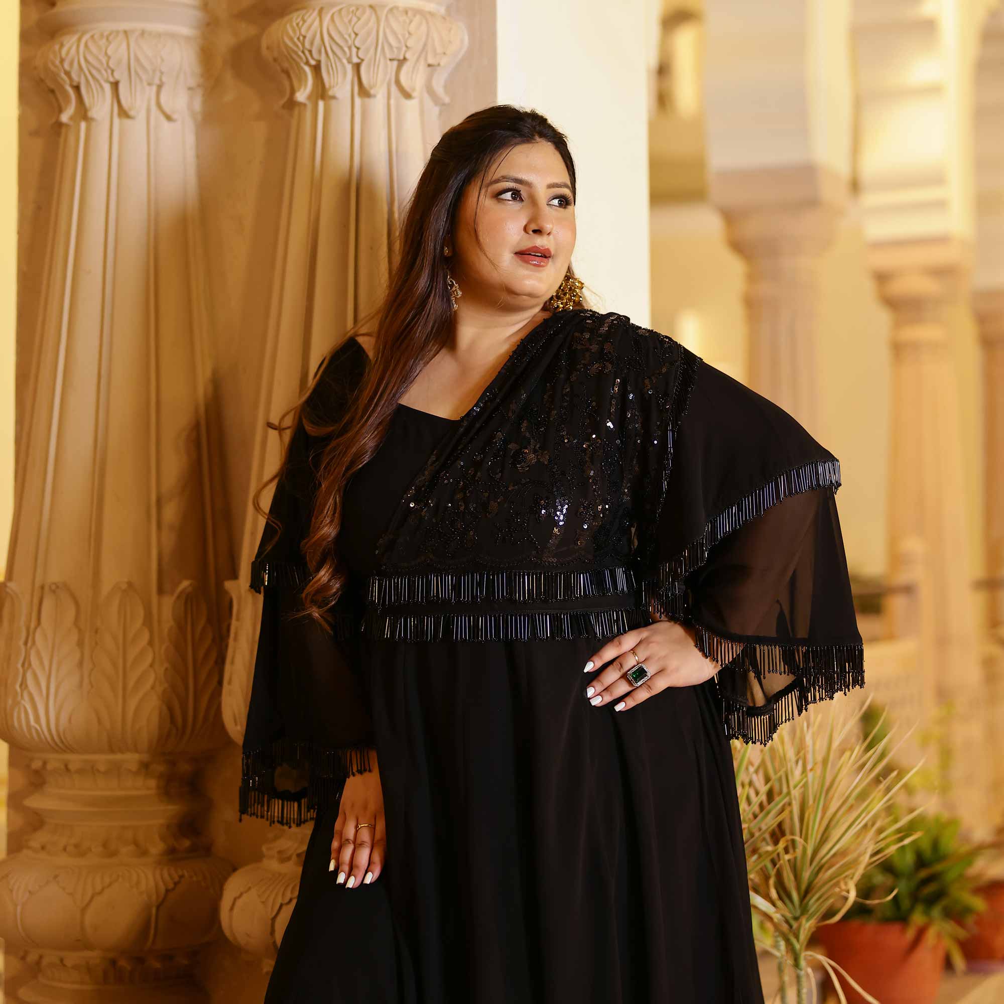 Luxe Ebony Cutdana Georgette Anarkali with Belt drape (Black) Luxe Ebony Cutdana Georgette Anarkali with Belt drape (Black)