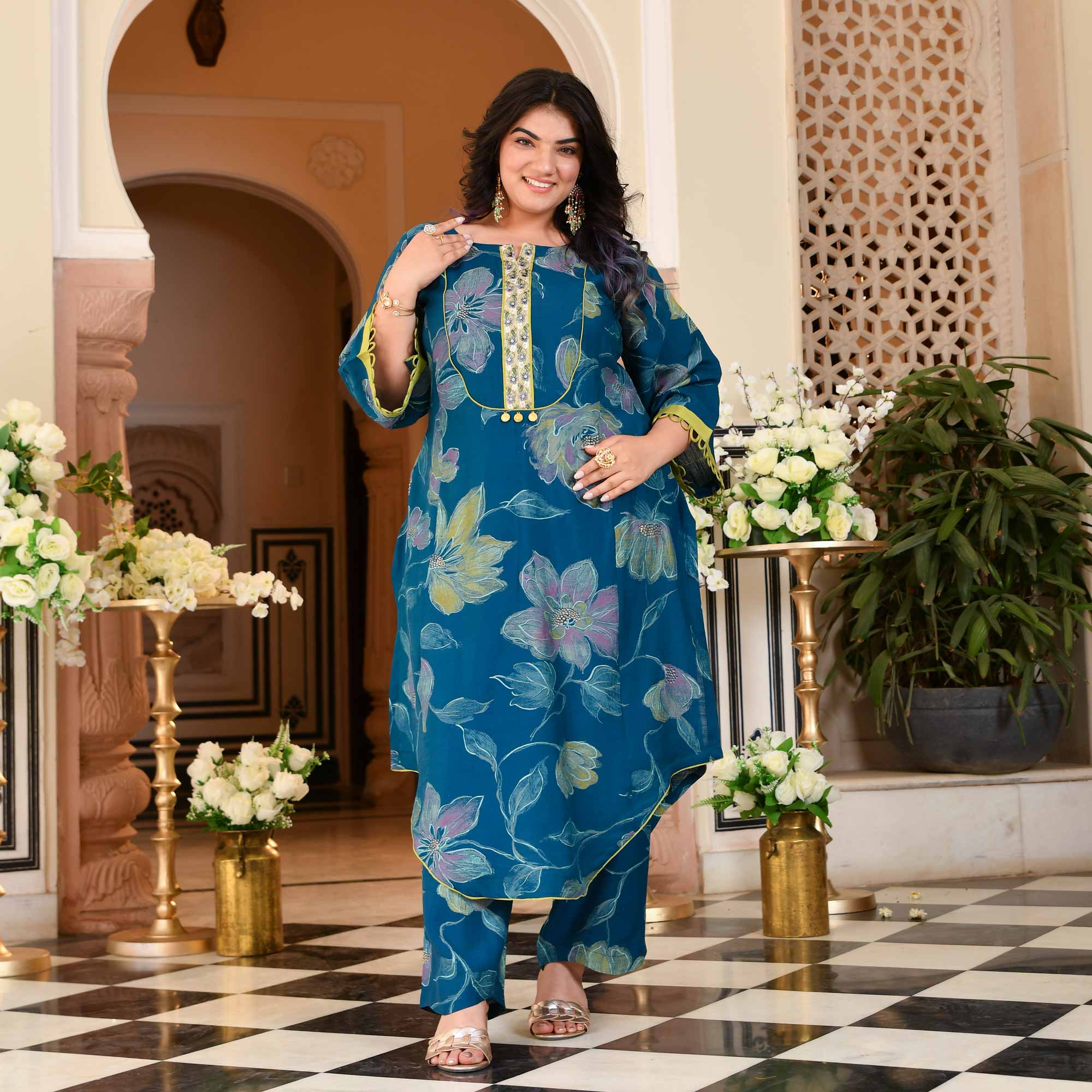 Charming Teal Floral Modal Viscose Aline Kurta Pant Set