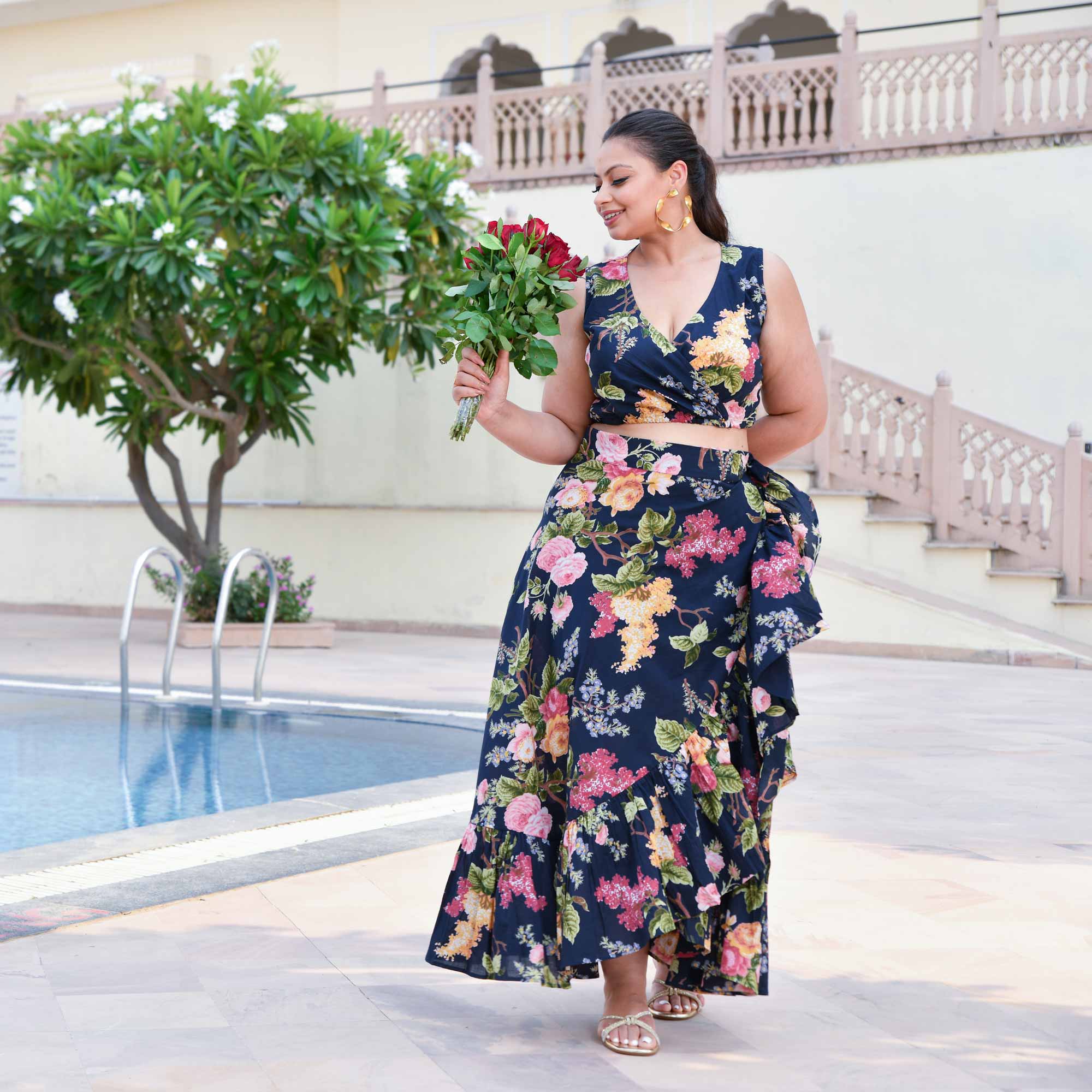 Evening Rose Cotton Wrap Skirt Top Set (Blue)