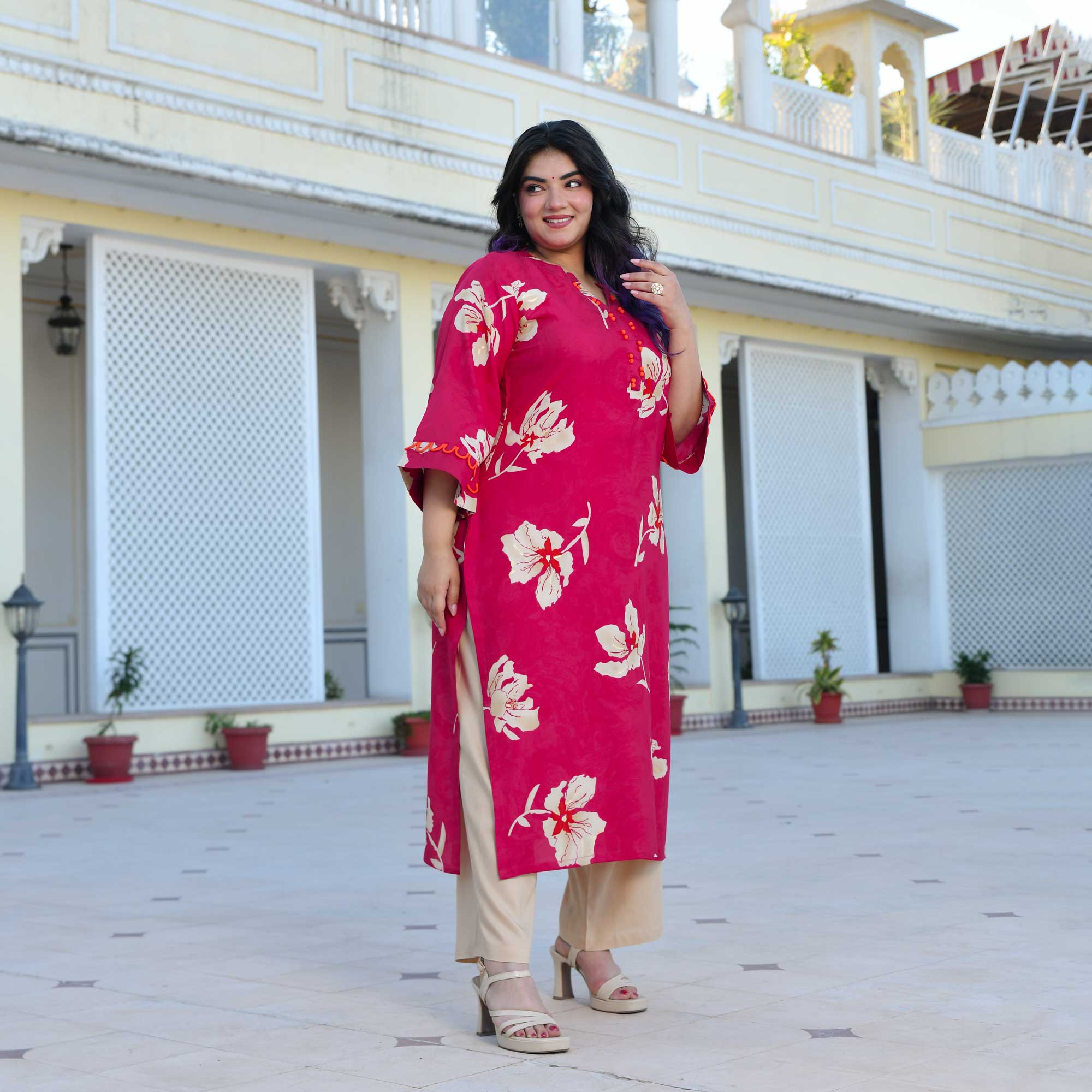 Camellia- Deep Pink Floral Print Rayon Kurta Camellia- Deep Pink Floral Print Rayon Kurta