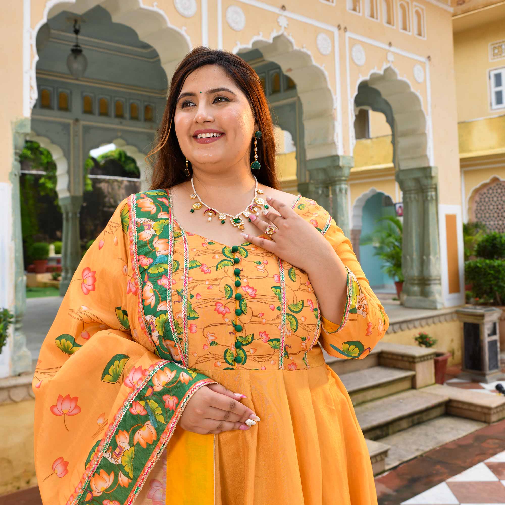 Zafrani-Mustard Yellow Tissue Silk Pichwai Printed Anarkali Set Zafrani-Mustard Yellow Tissue Silk Pichwai Printed Anarkali Set